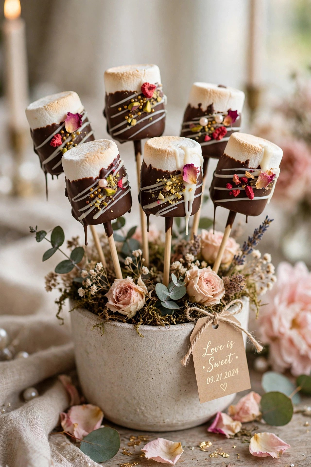 Marshmallow pops dipped in chocolate for a wedding