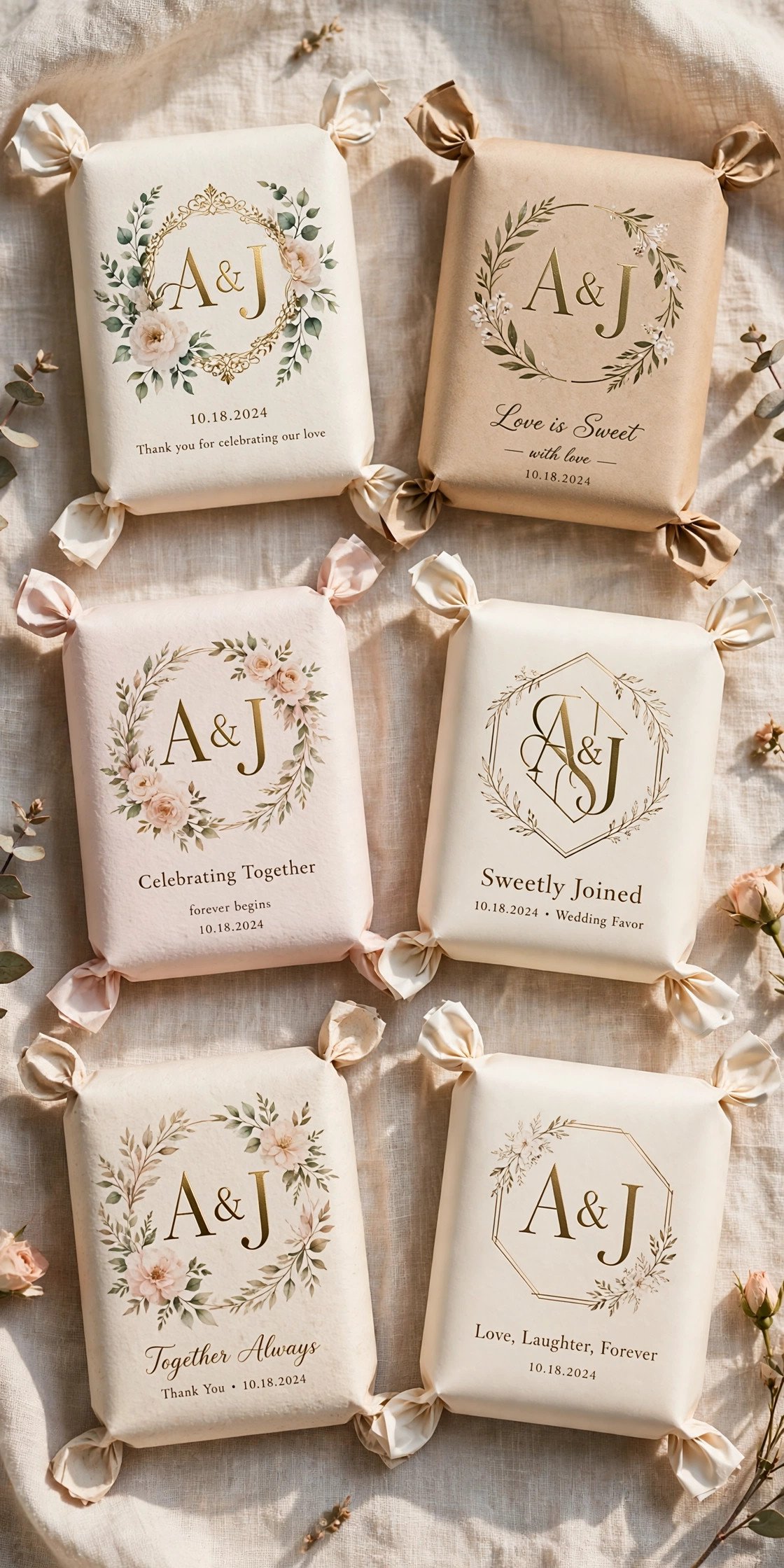 Monogrammed candy wrappers for a wedding