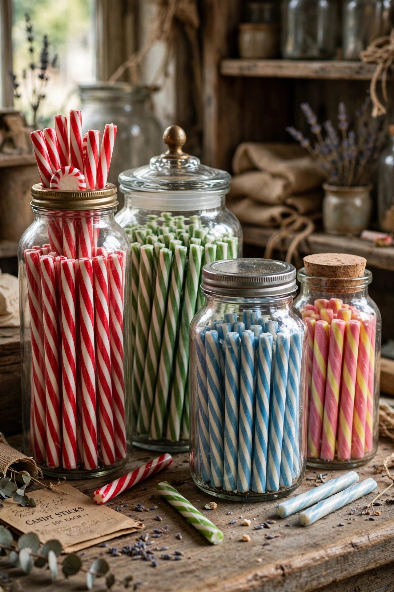 Old-fashioned candy sticks in glass jars
