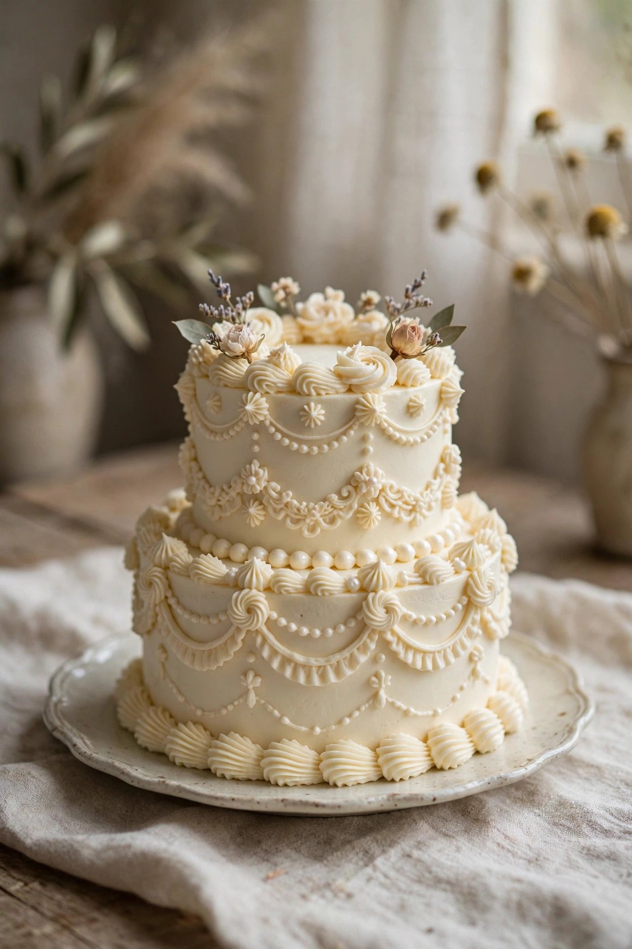 Small wedding cake with vintage piped details