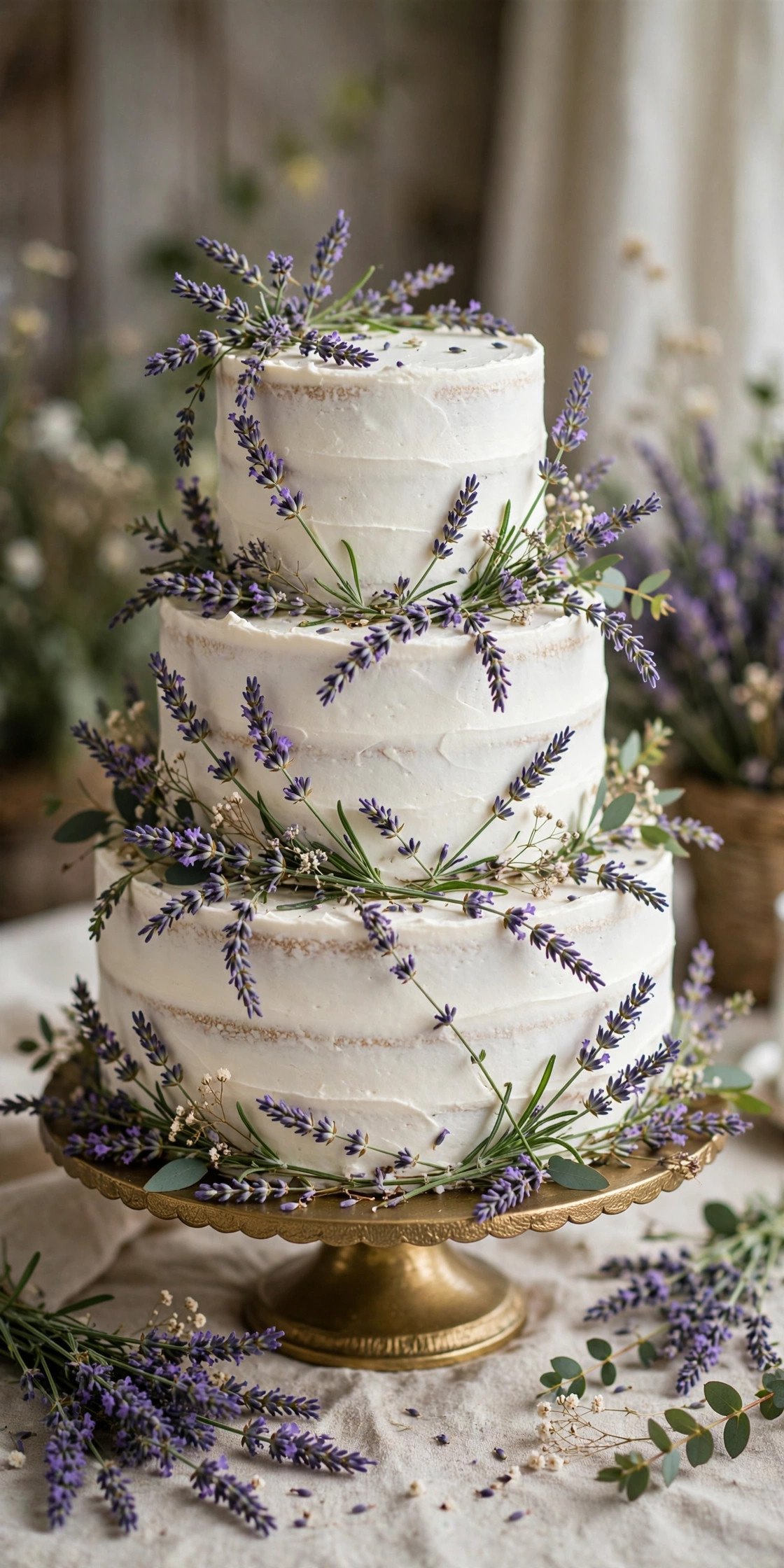 Wedding cake with fresh lavender sprigs