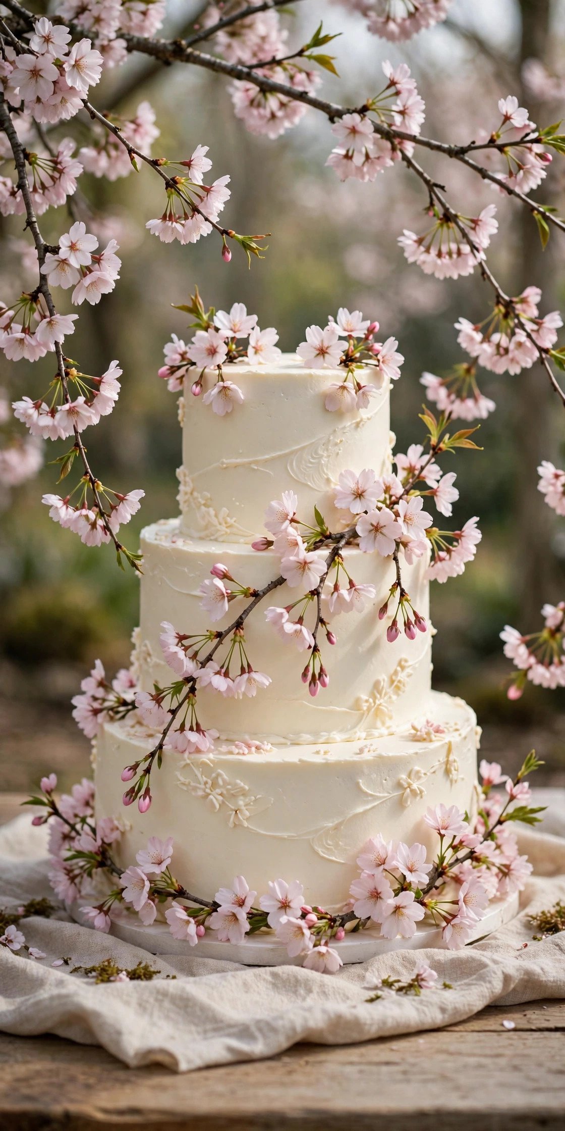 Wedding cake with cherry blossom branches
