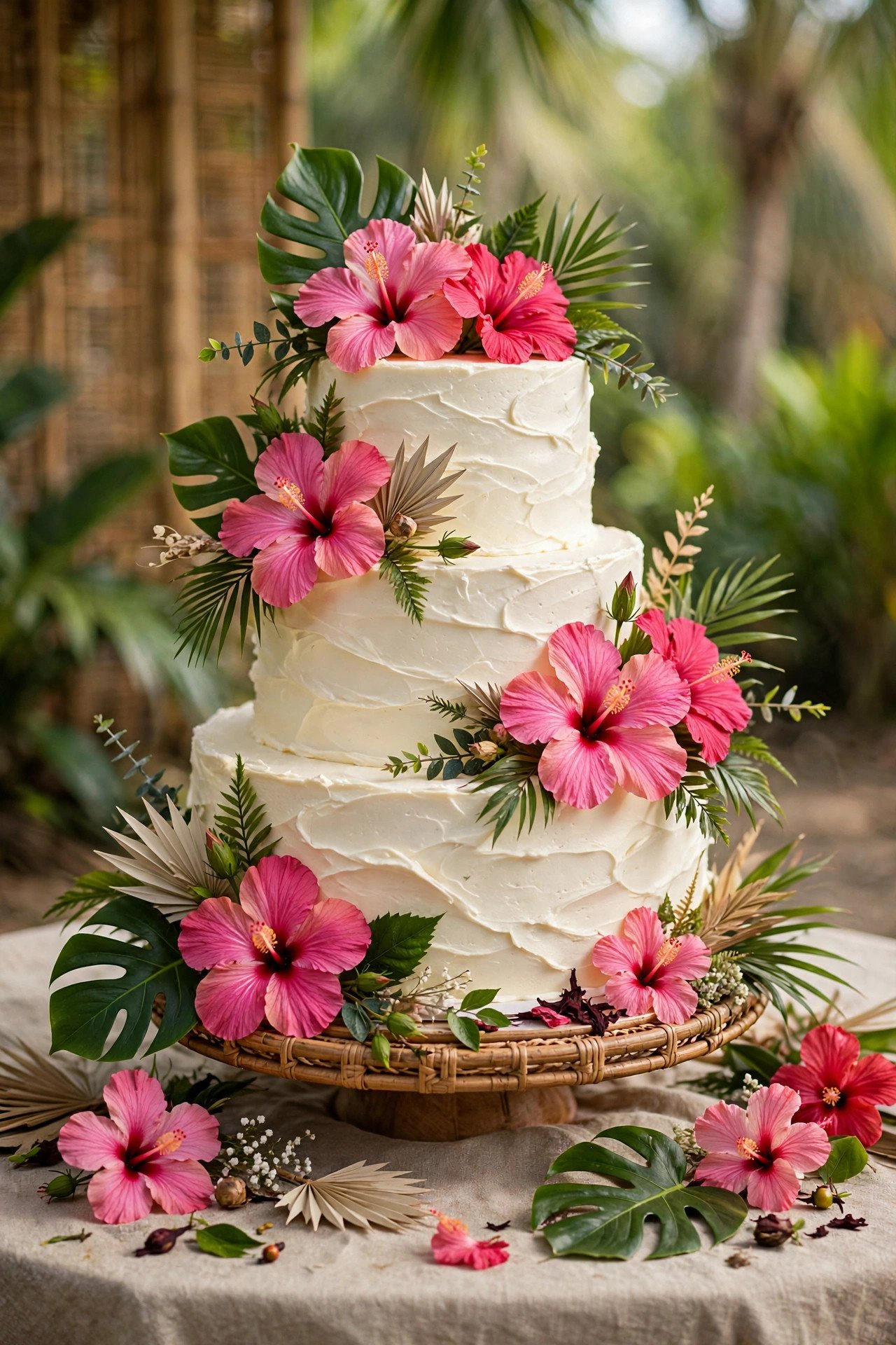 Tropical wedding cake with hibiscus flowers