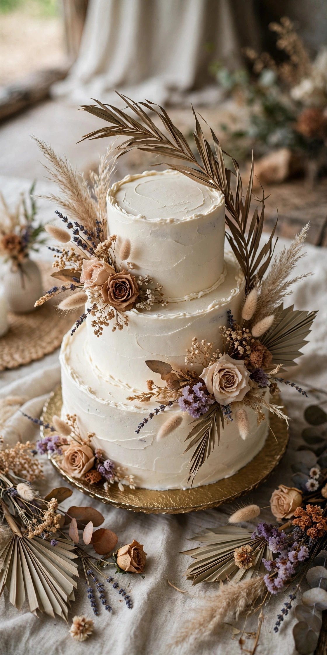 Wedding cake with dried palm and blooms