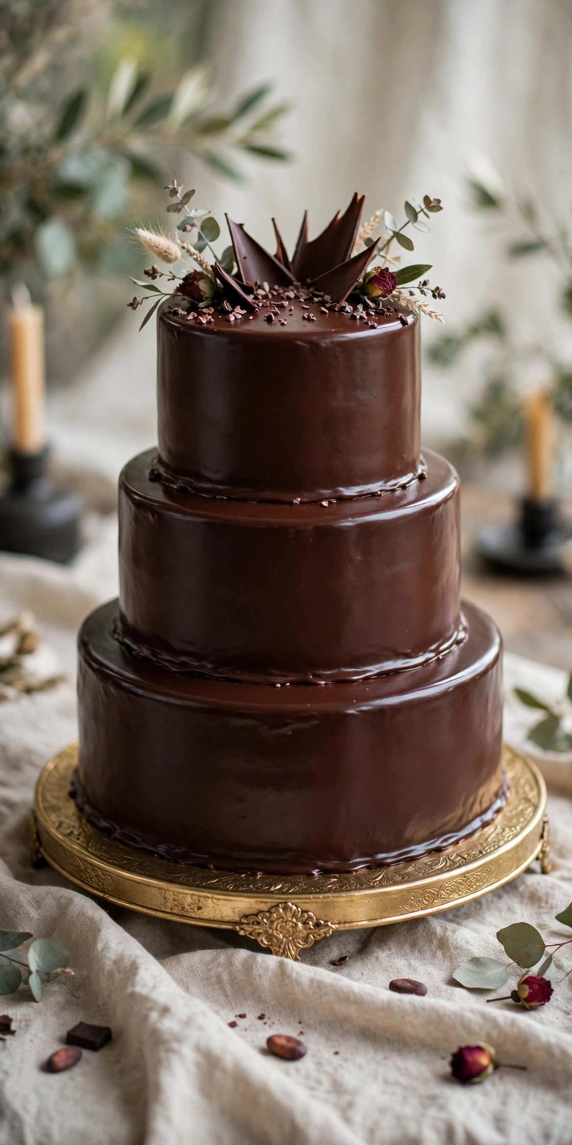 Dark chocolate ganache wedding cake with smooth finish