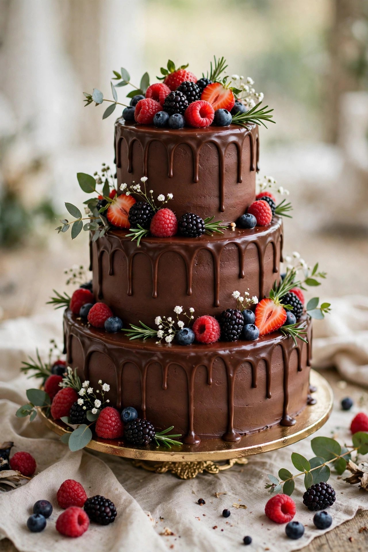 Chocolate drip wedding cake with berries