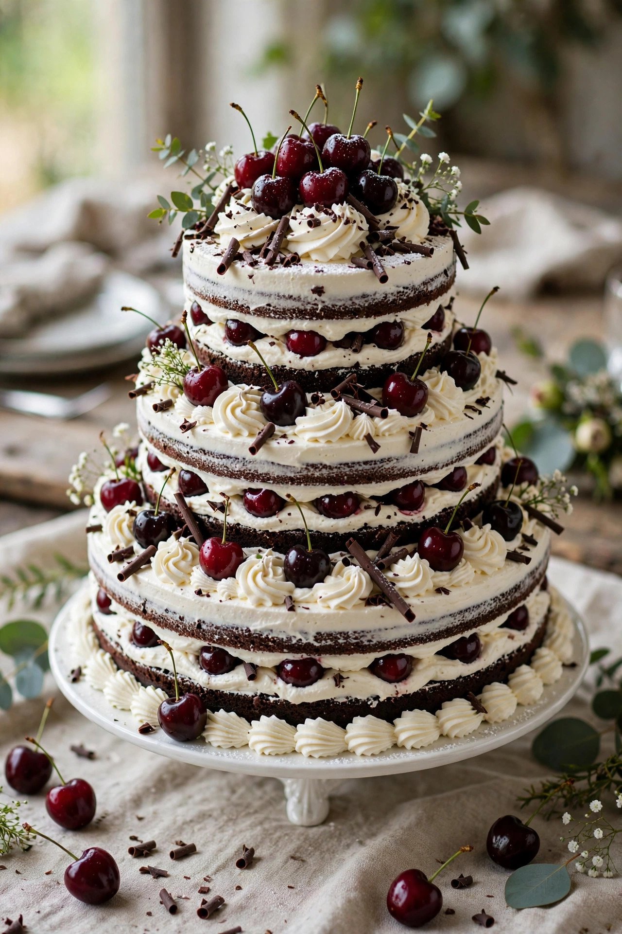 Black forest wedding cake with cherries