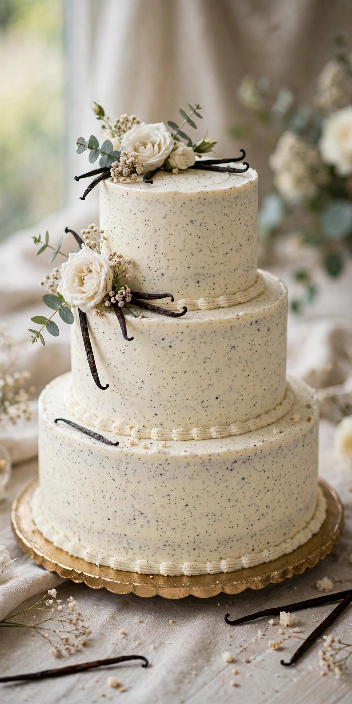 Vanilla bean wedding cake with speckled frosting