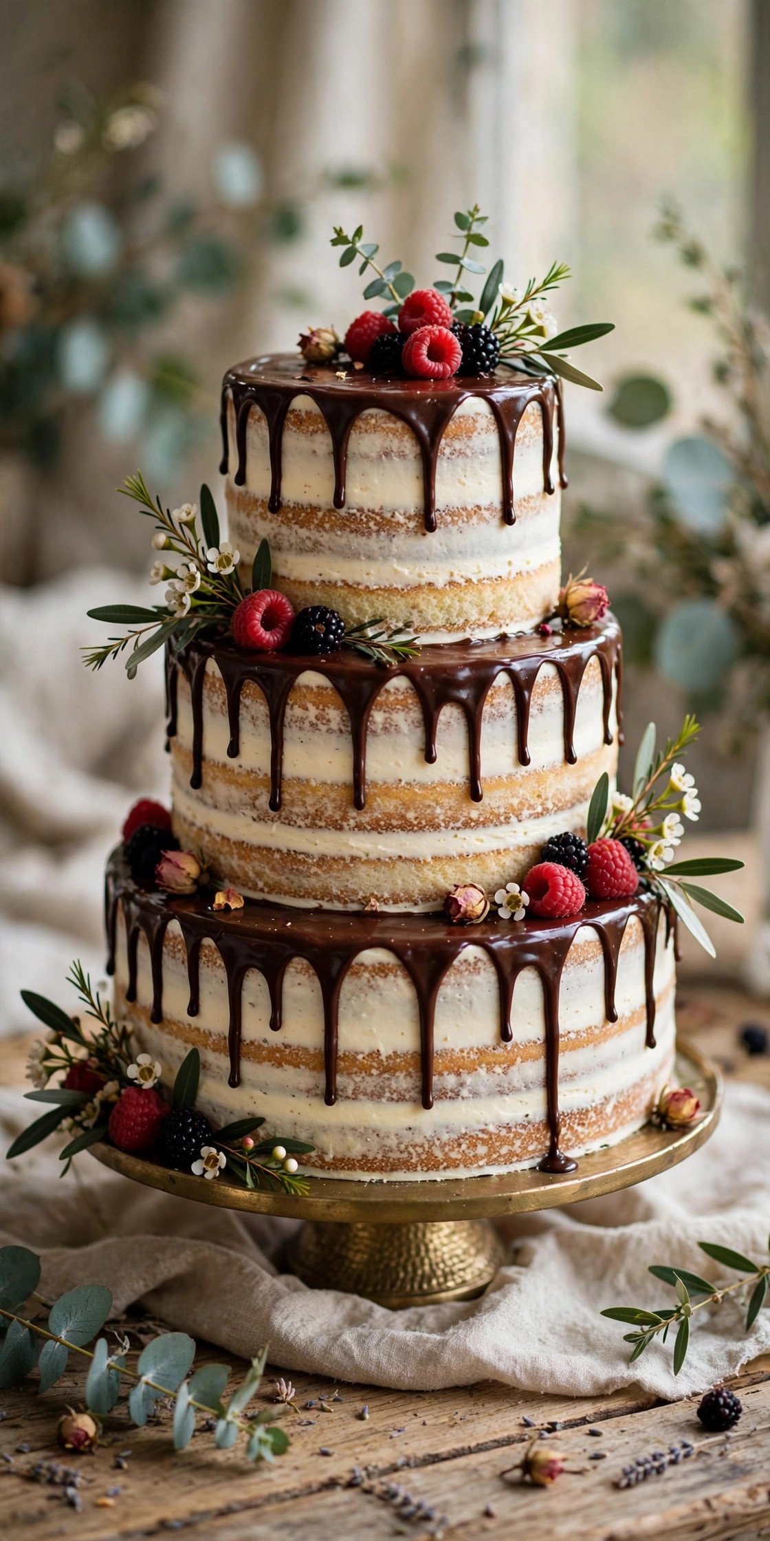 Semi-naked wedding cake with chocolate drip