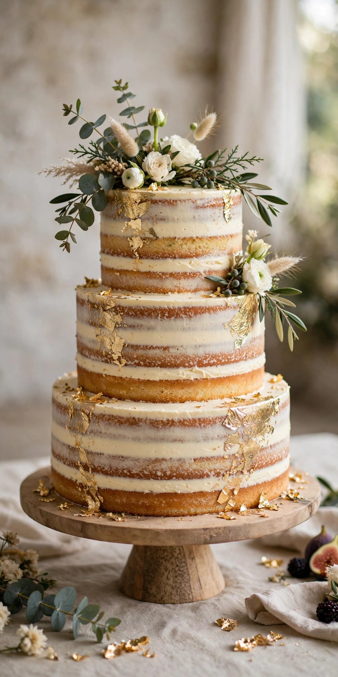 Naked wedding cake with gold leaf accents