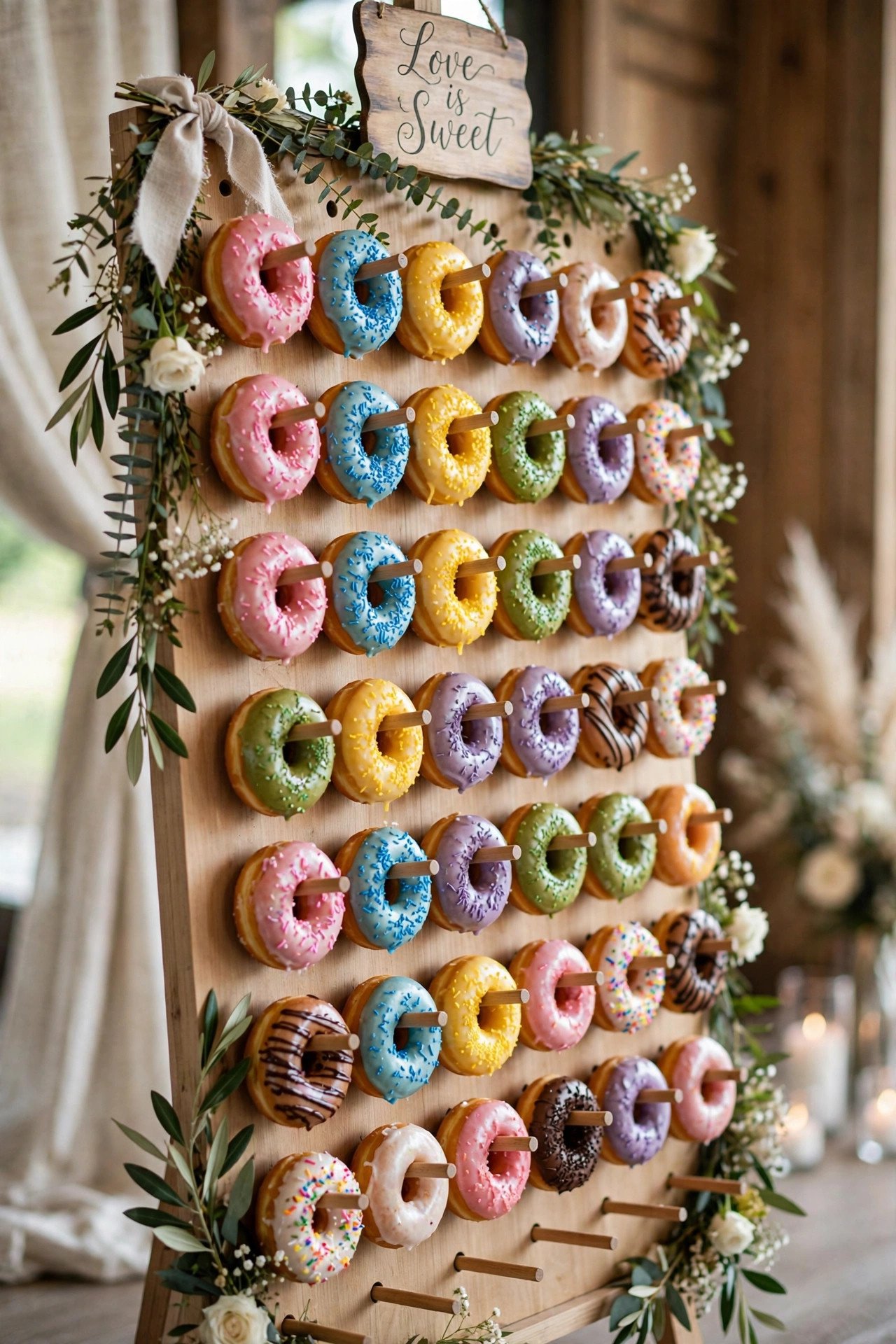 Wedding donut wall with colorful glazed donuts on a wooden pegboard