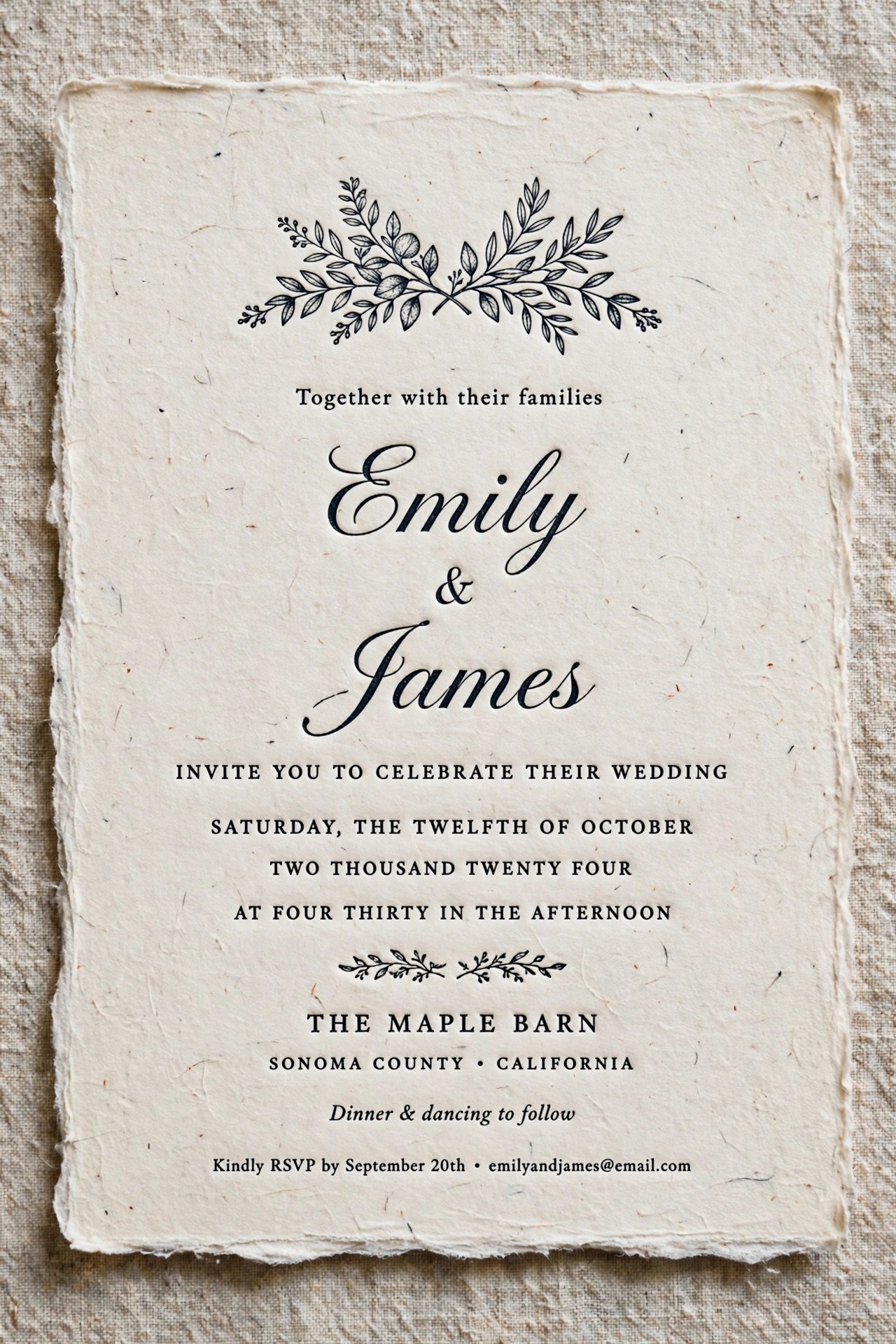 Letterpress wedding invitation with deep impression on cotton paper