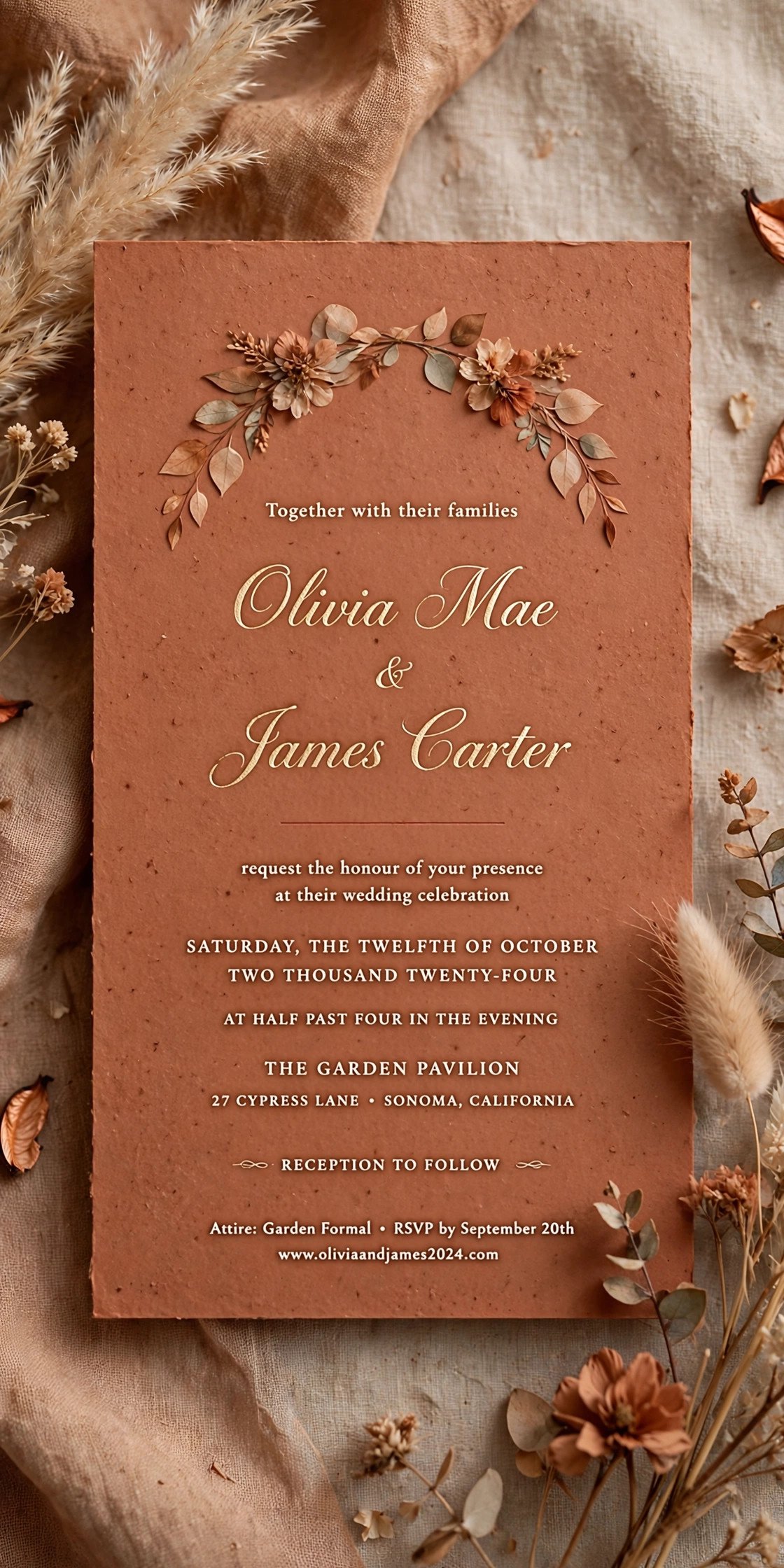 Terracotta toned elegant wedding invitation