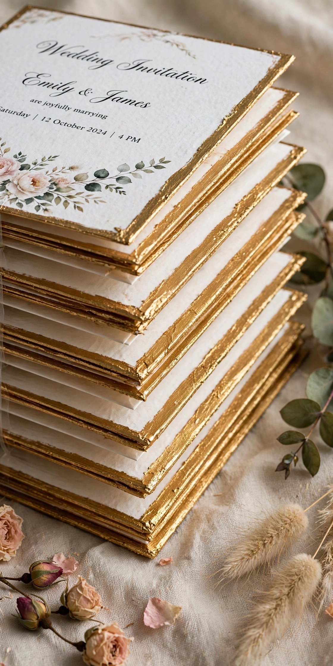 Wedding invitation stack with gold painted edges