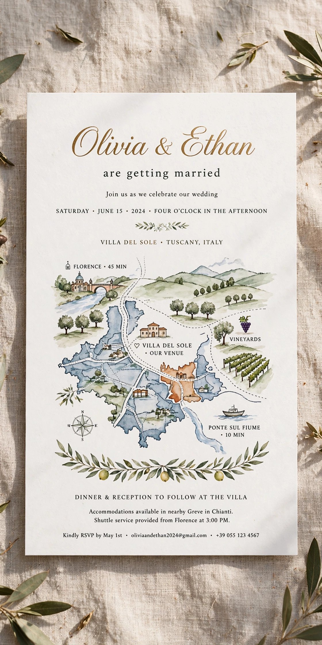 Wedding invitation with illustrated destination map