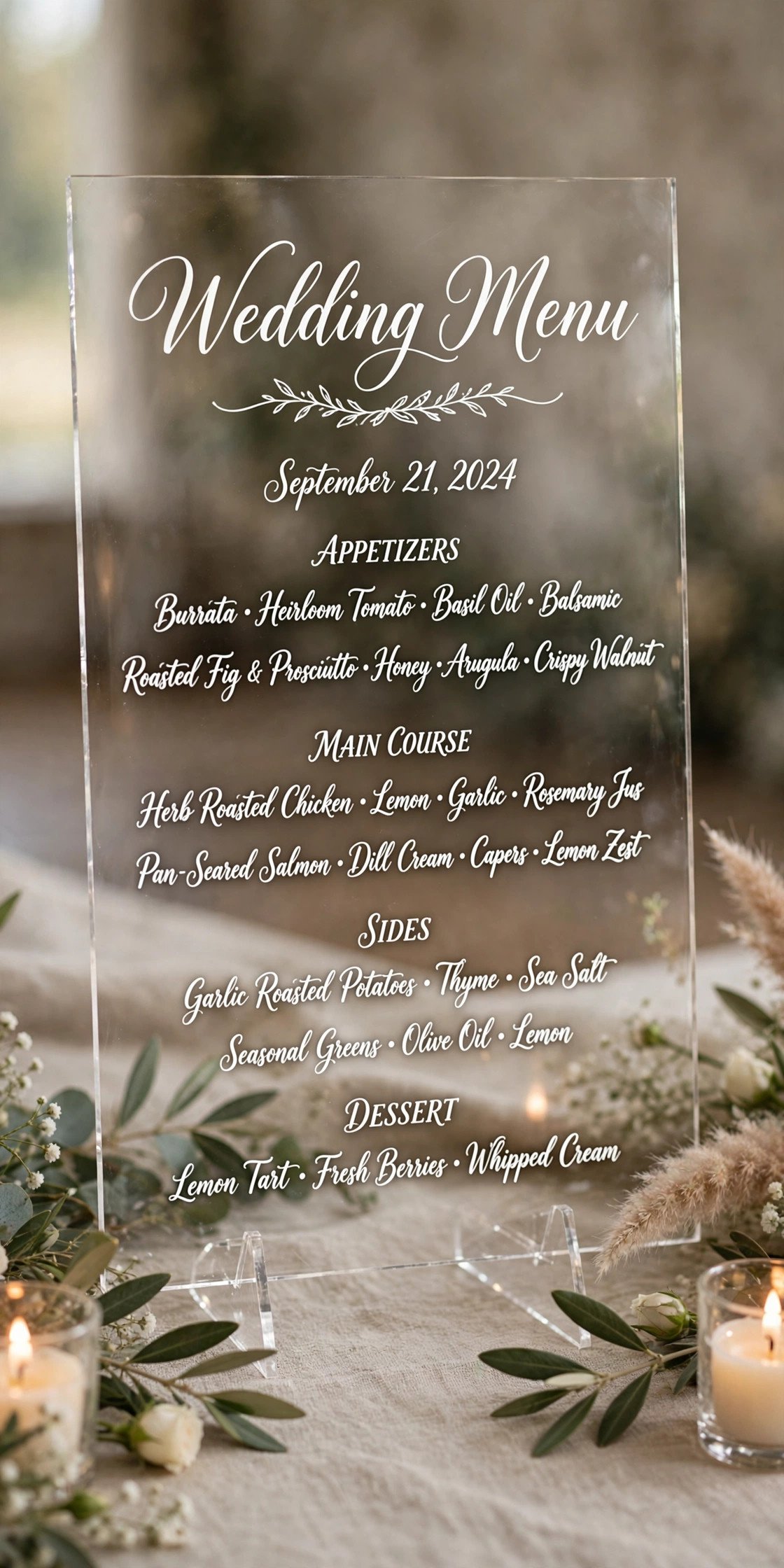 Clear acrylic wedding menu with white calligraphy