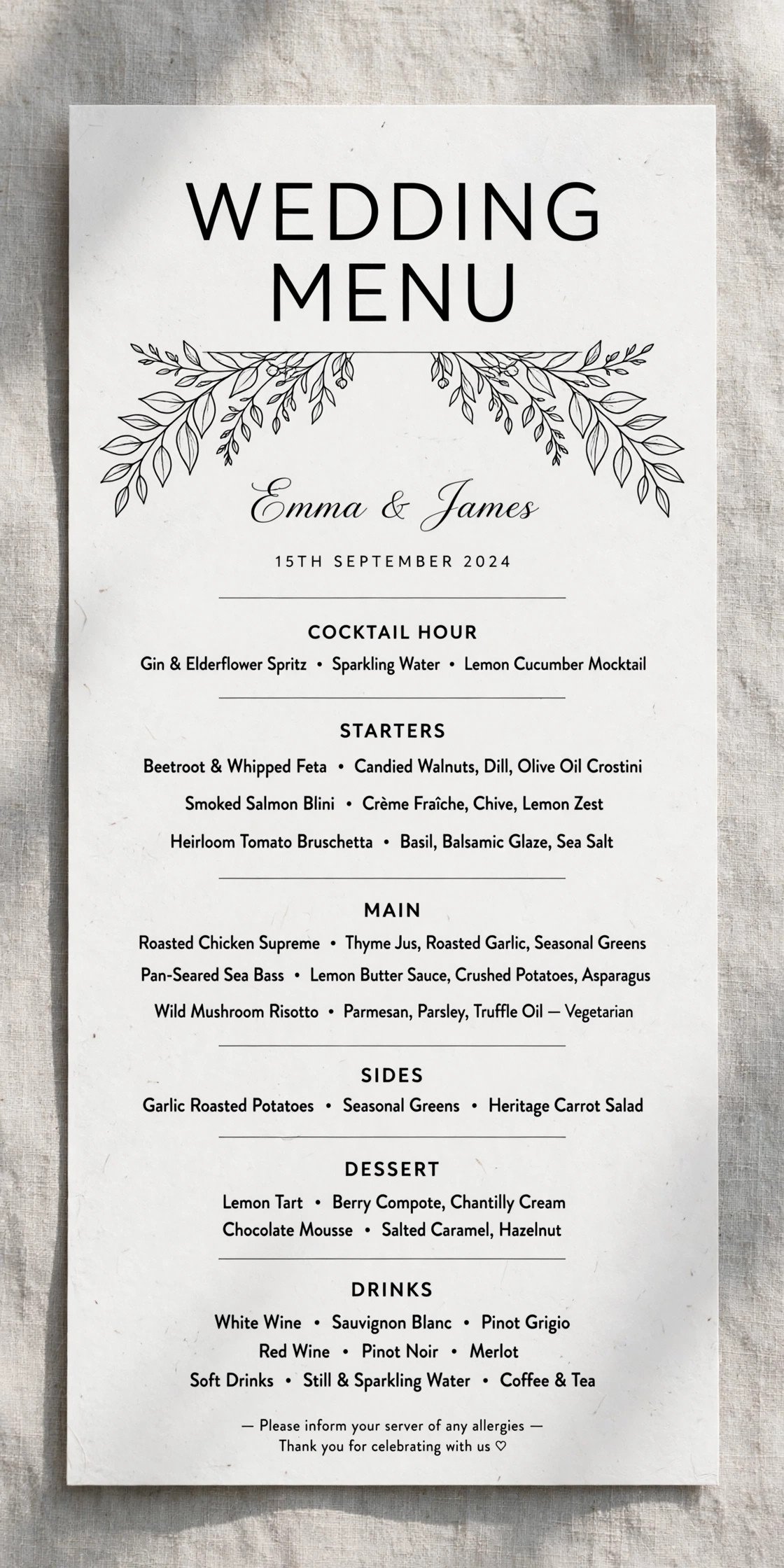 Modern black and white wedding menu card