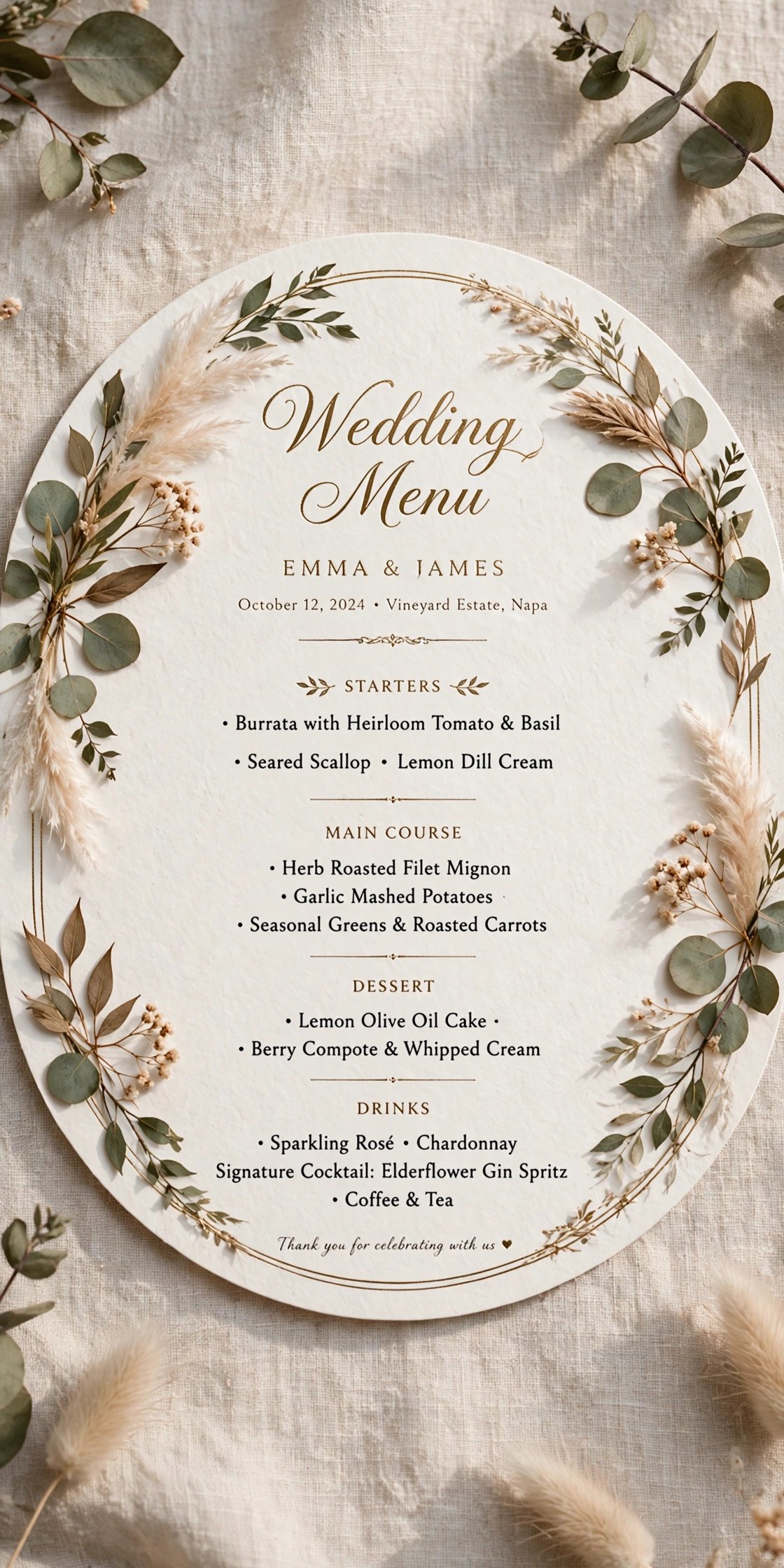 Round circular wedding menu card