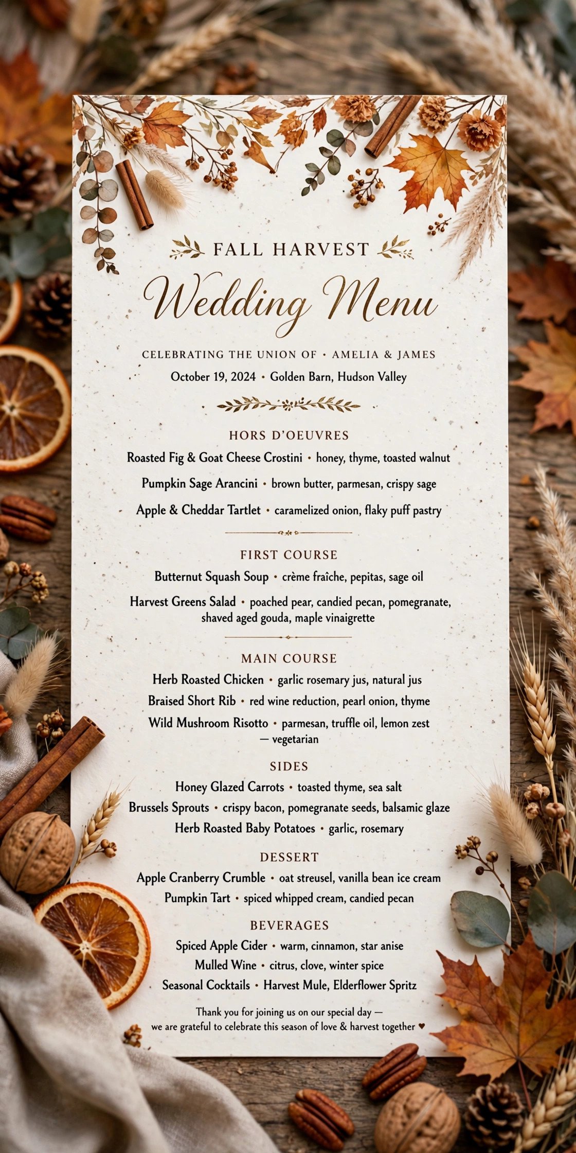 Fall harvest wedding menu with seasonal design