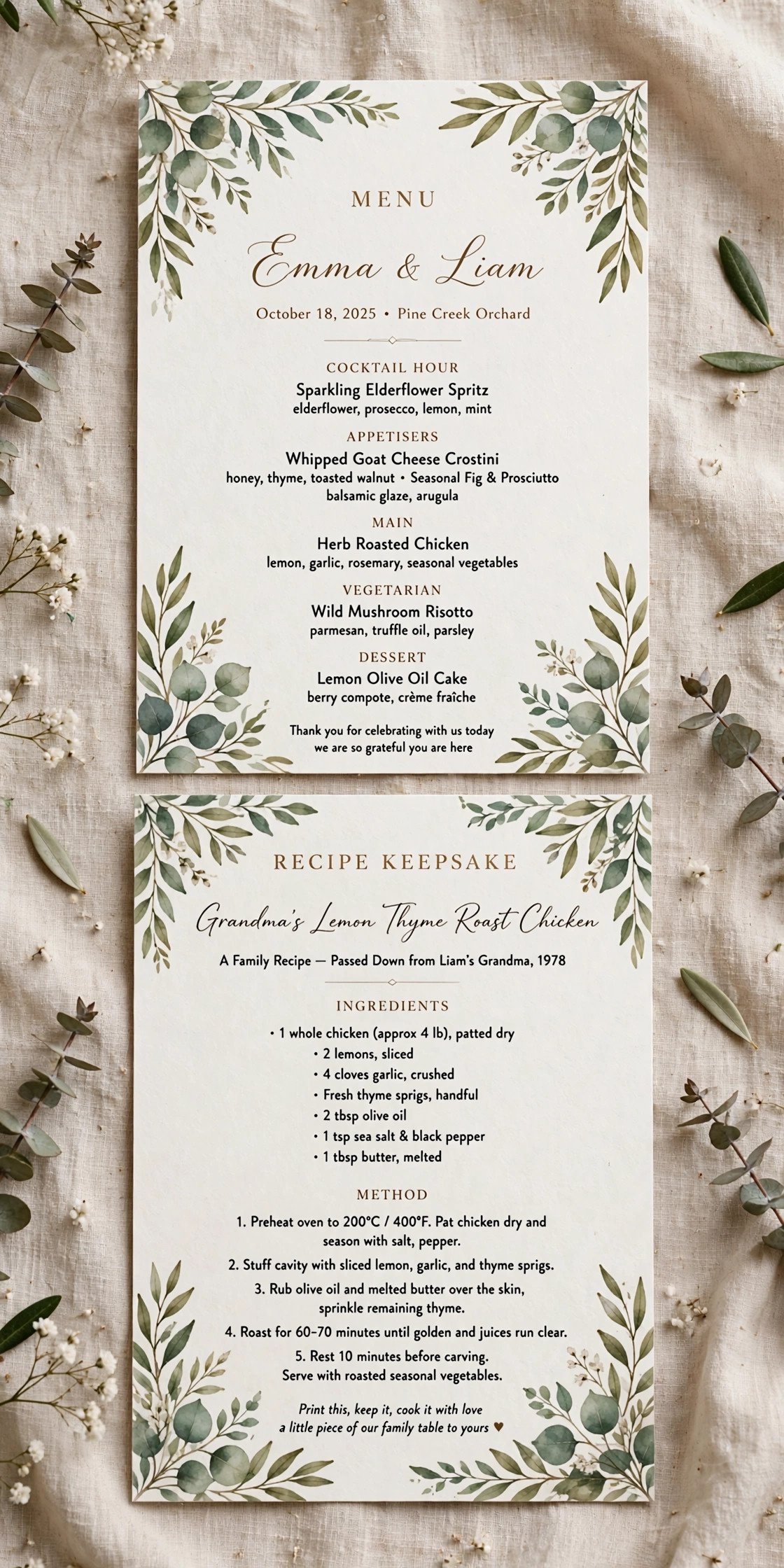 Wedding menu card with recipe keepsake on back