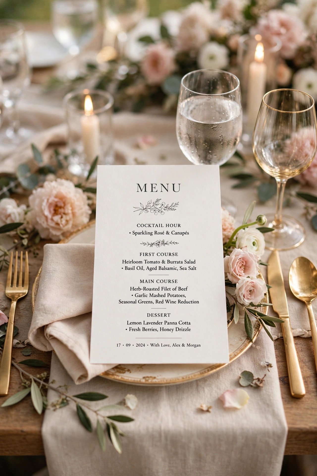 Elegant wedding table setting with printed menu card