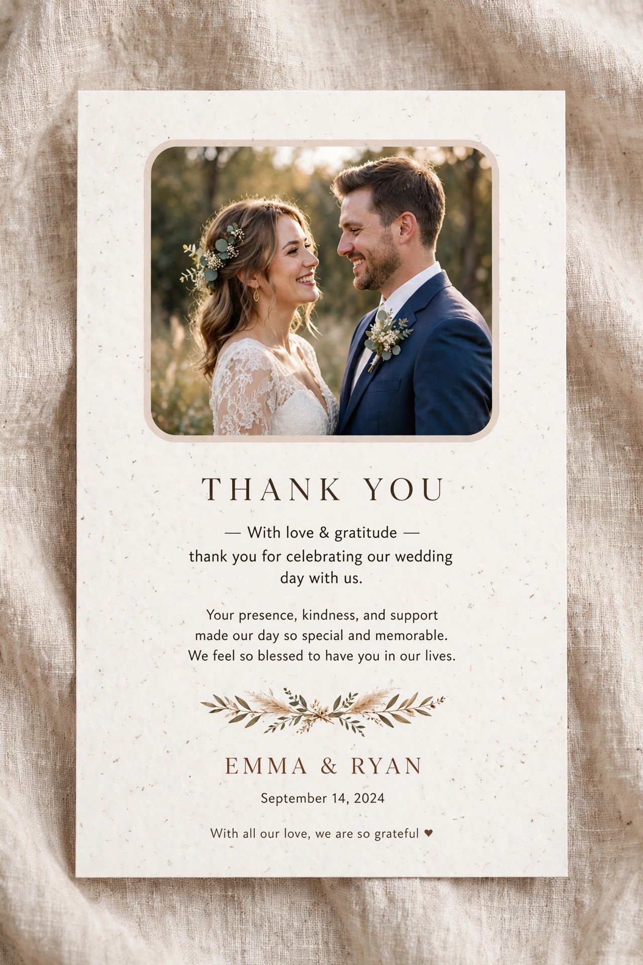 Wedding thank you card featuring couple's wedding photo