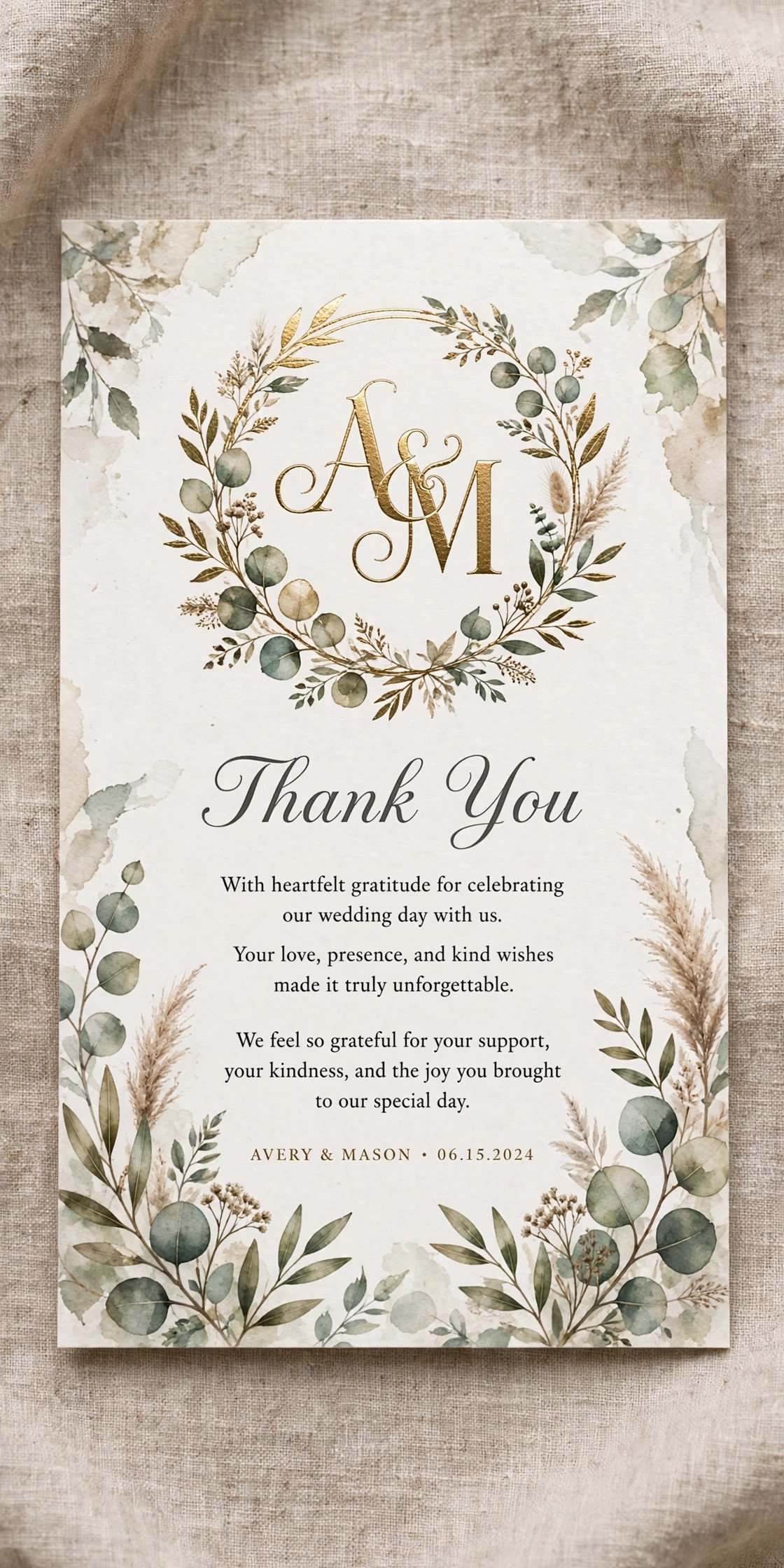 Wedding thank you card with gold foil monogram