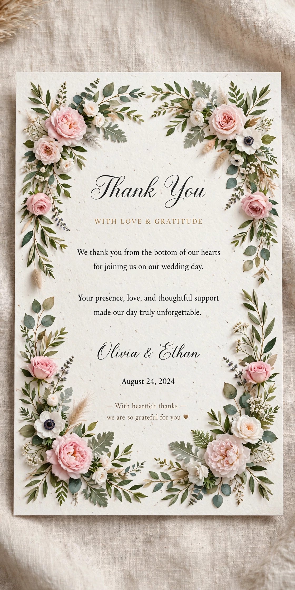 Wedding thank you card with floral border design