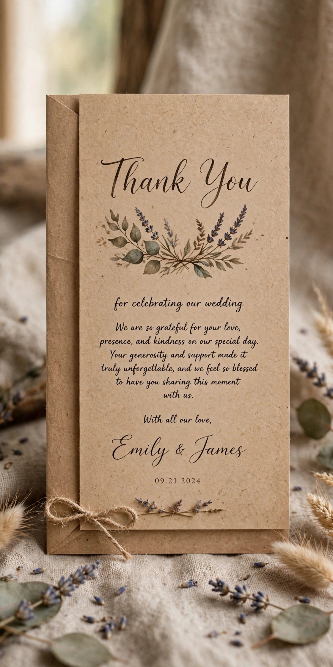 Rustic kraft paper wedding thank you card
