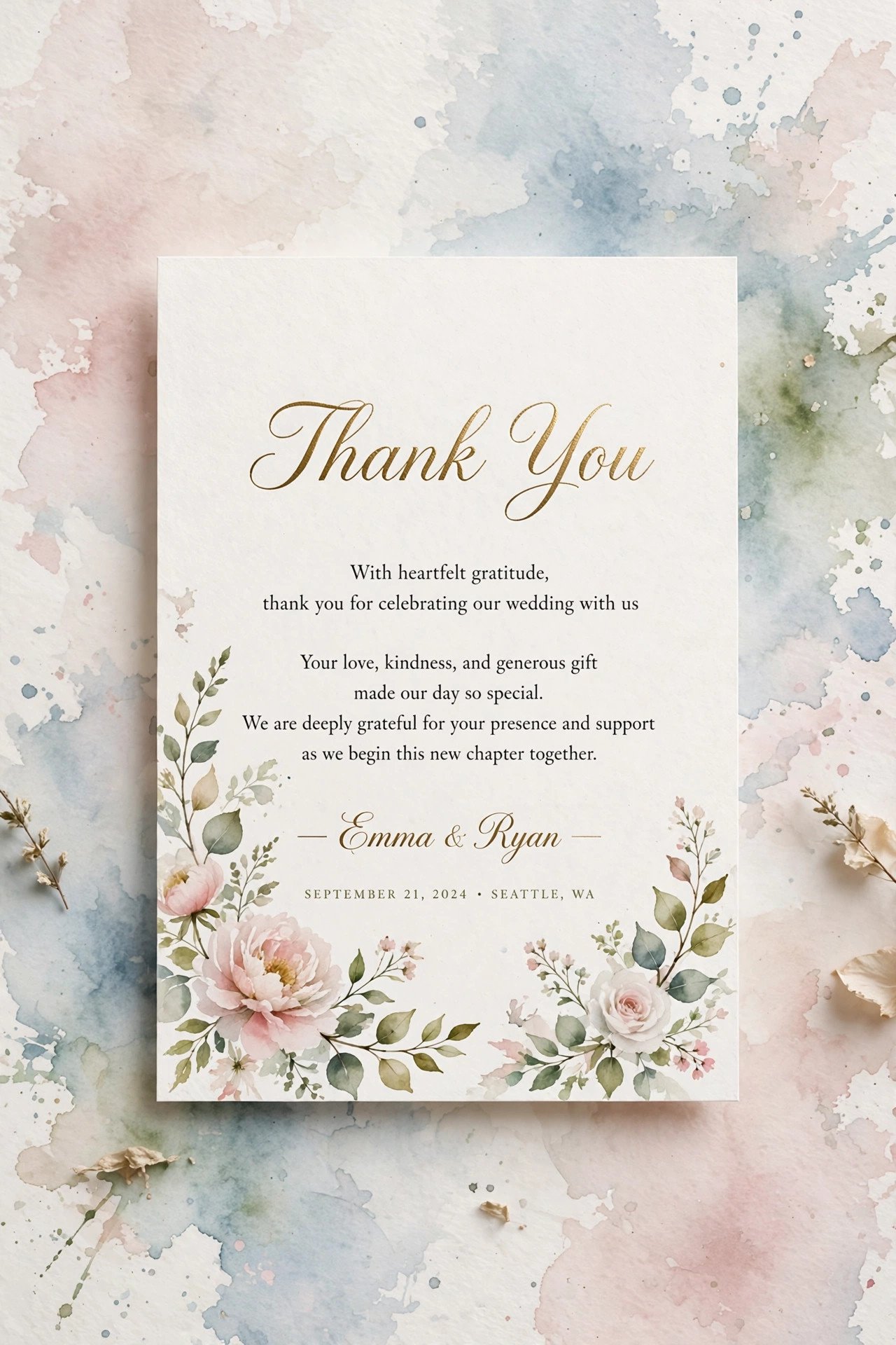 Wedding thank you card with watercolor wash background