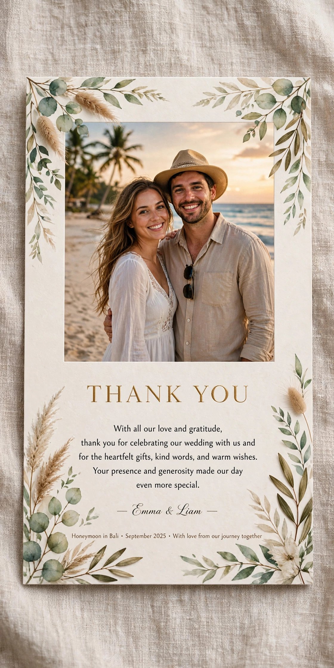 Thank you card with couple's honeymoon photo