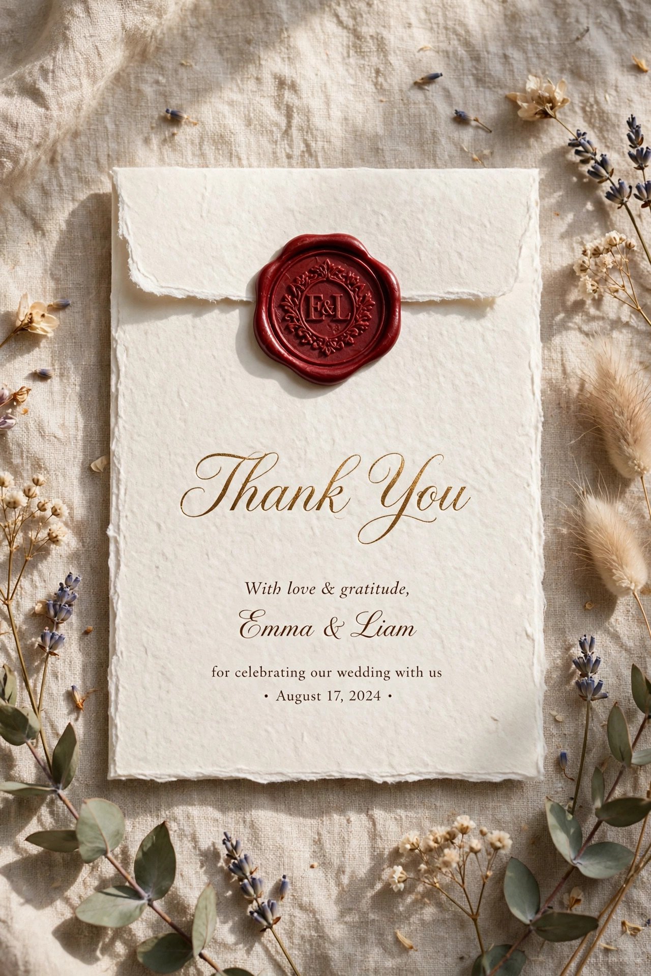 Wedding thank you card sealed with wax stamp