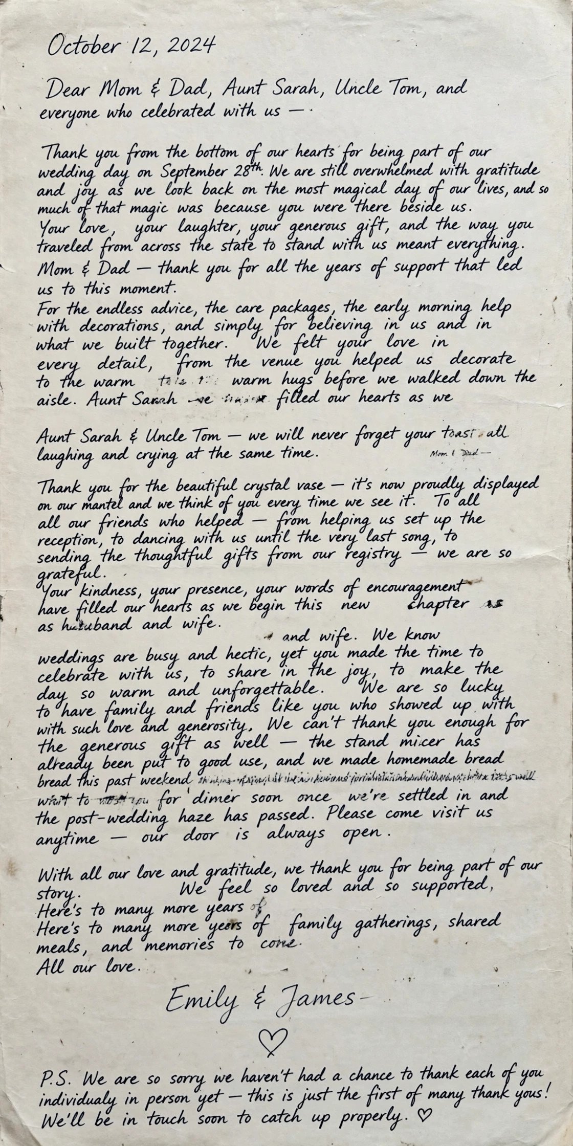 Long-form handwritten wedding thank you letter
