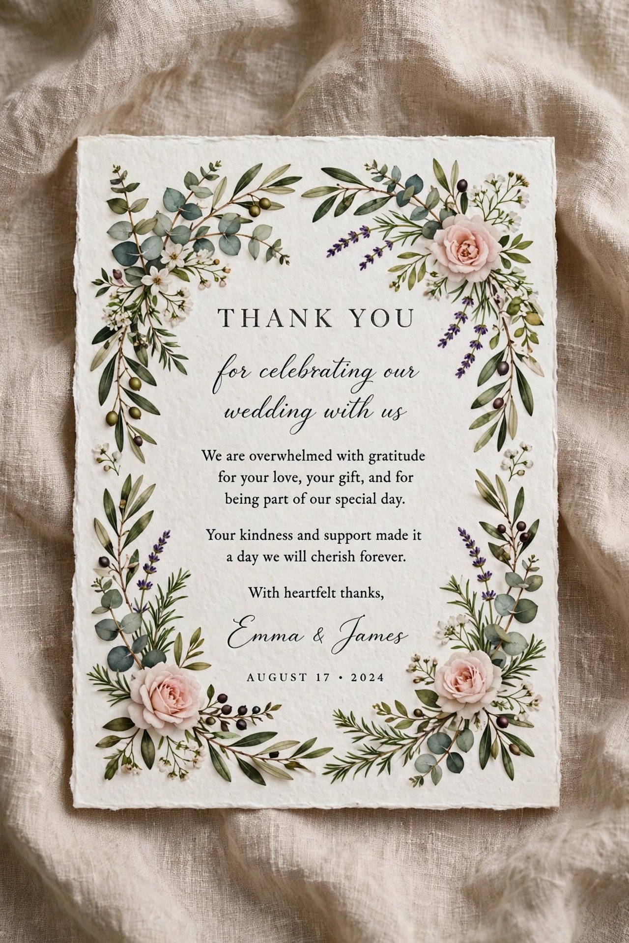 Wedding thank you card with botanical illustration