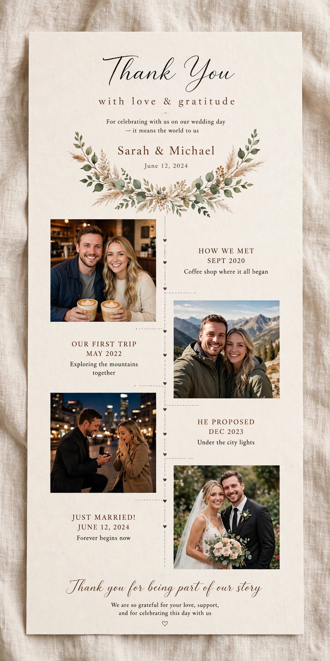 Thank you card with photo strip timeline of couple