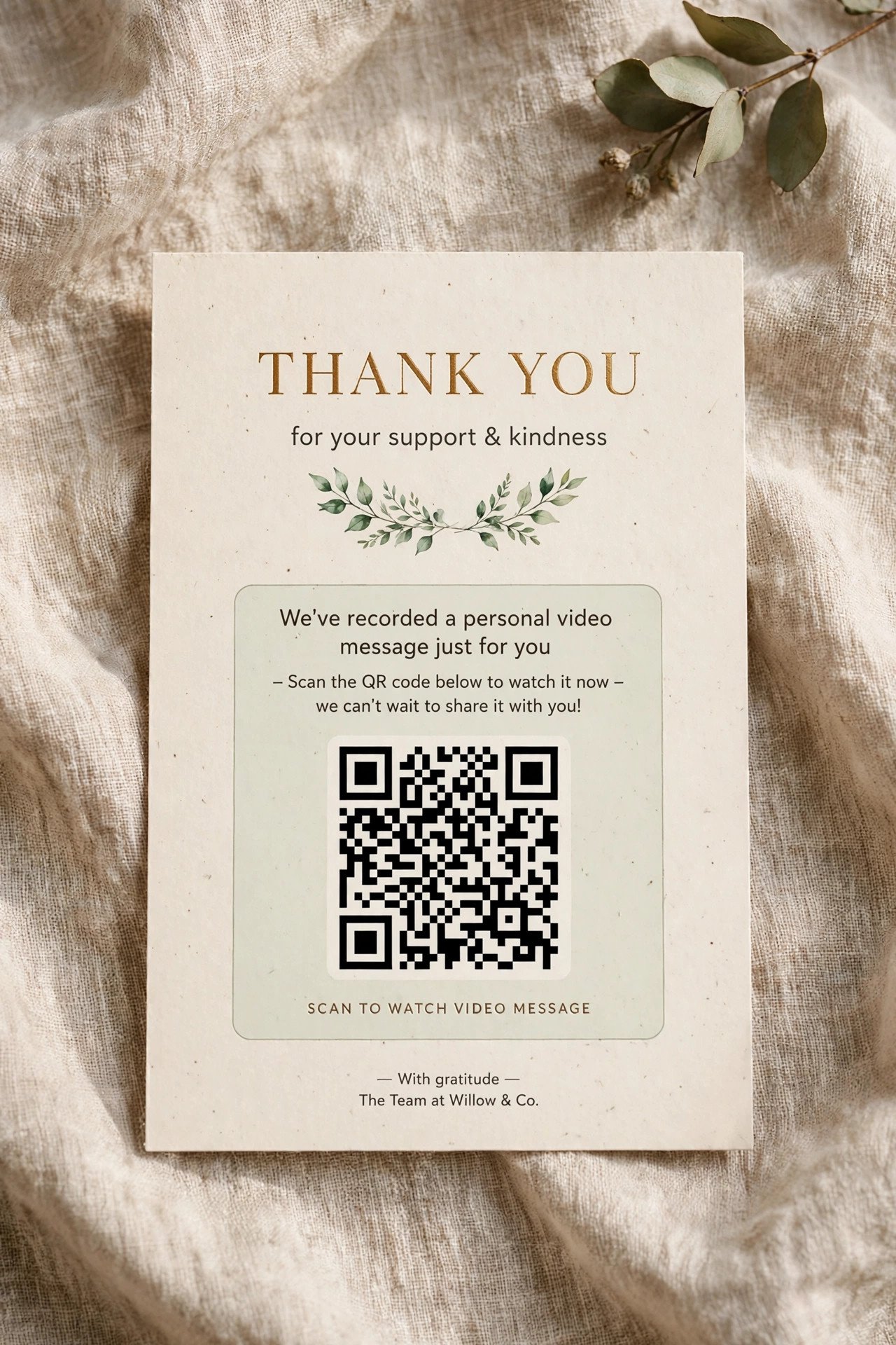 Thank you card with QR code linking to video message