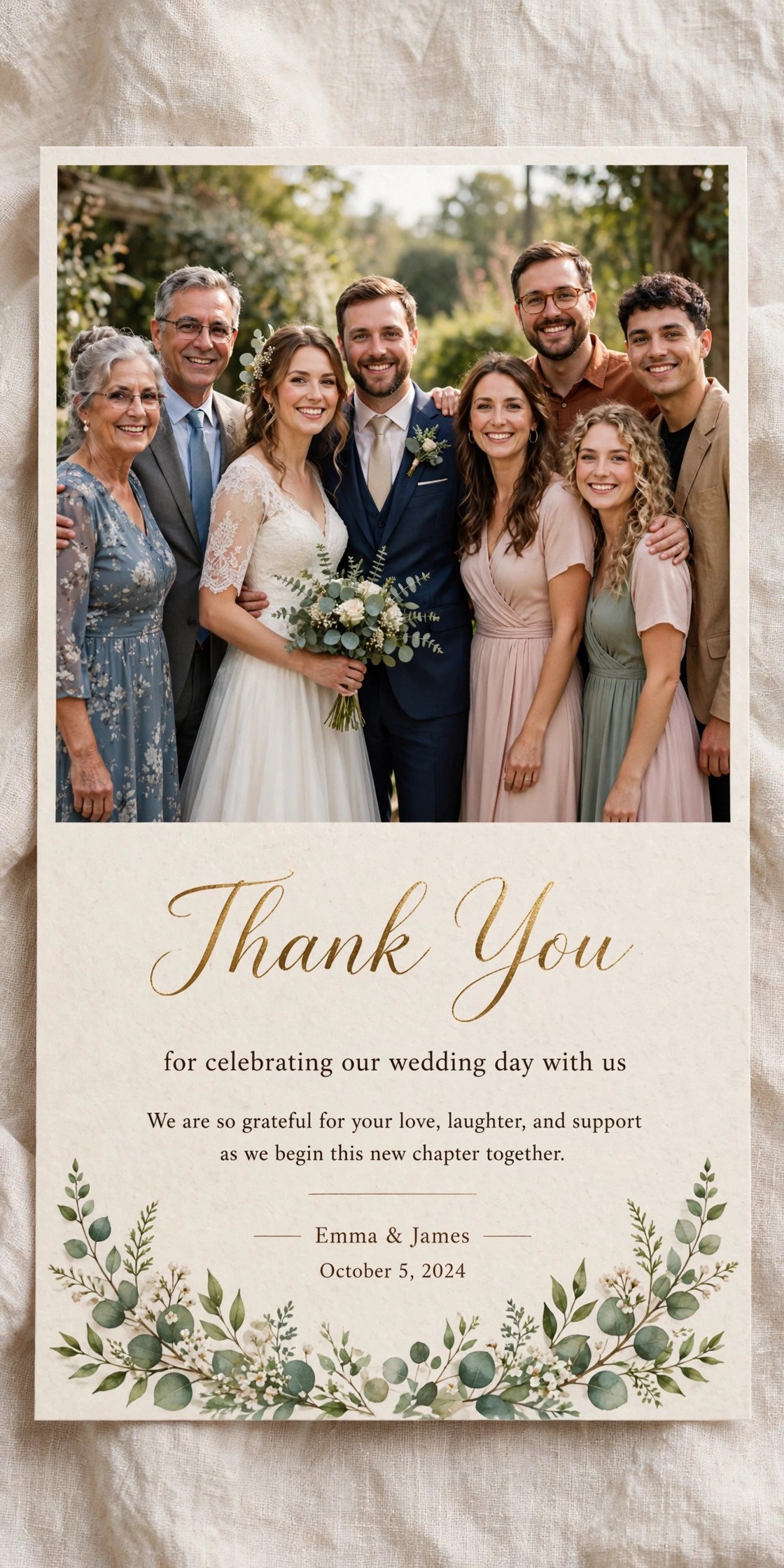 Thank you card featuring wedding group photo