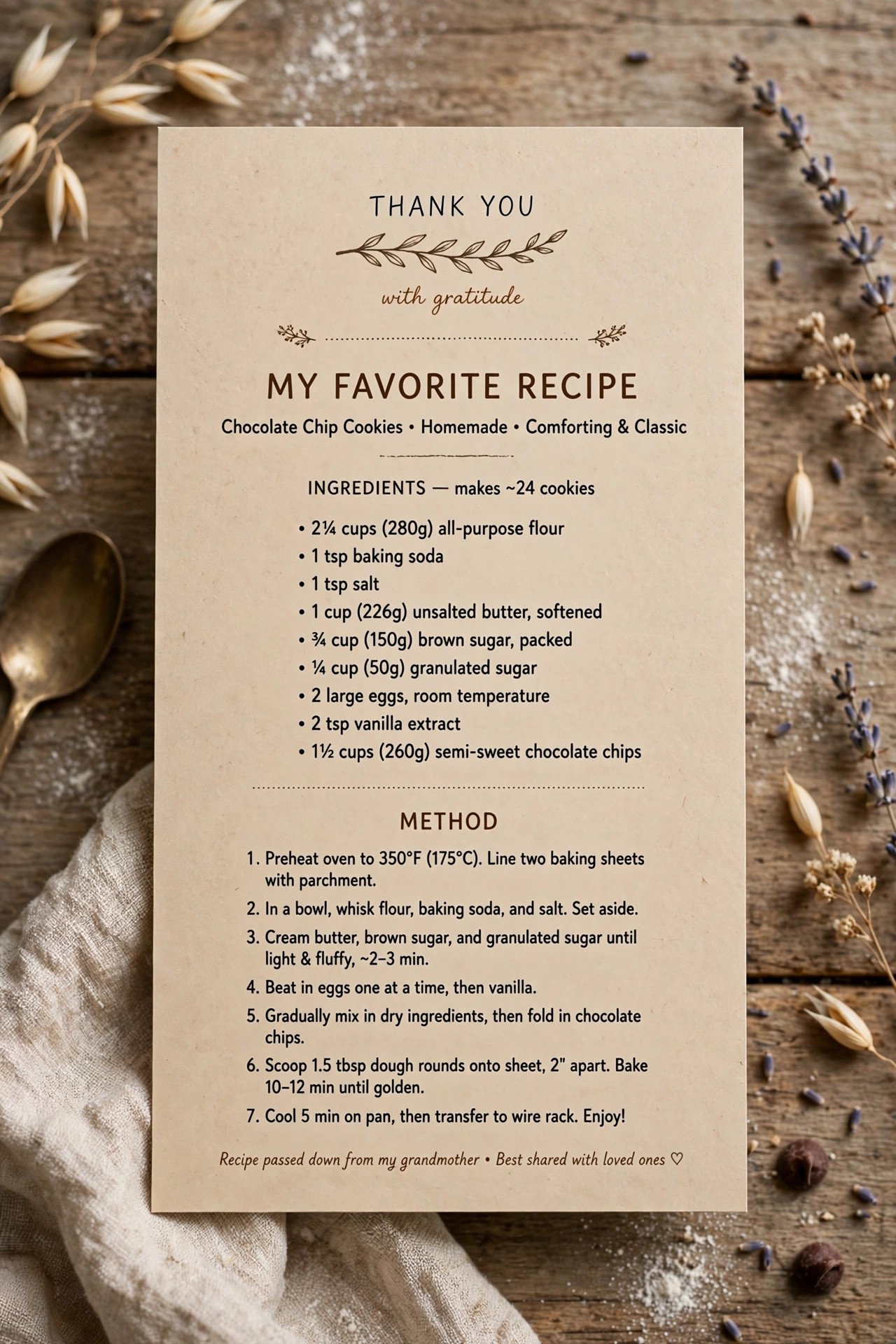 Thank you card with favorite recipe on back