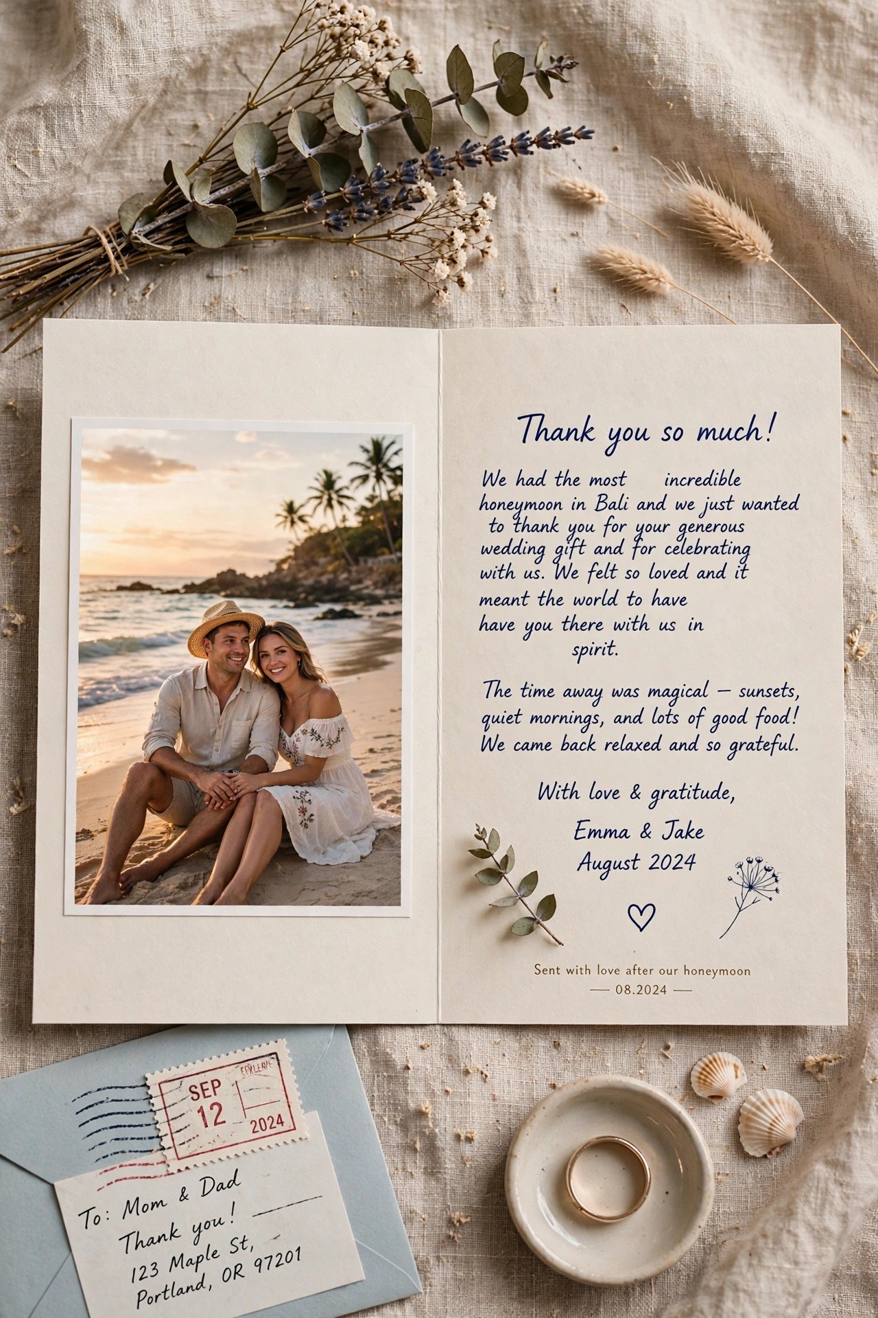 Thank you card sent after honeymoon with photo
