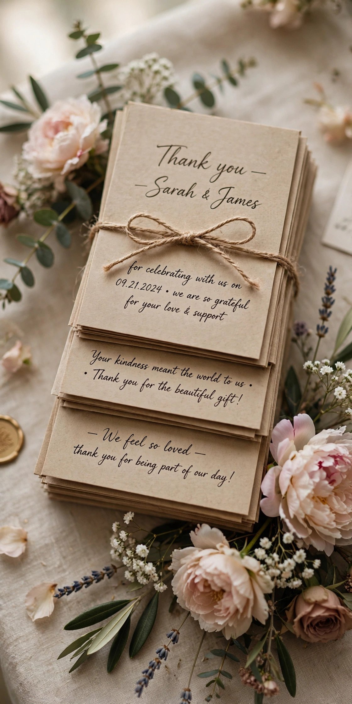 Stack of handwritten wedding thank you cards with flowers
