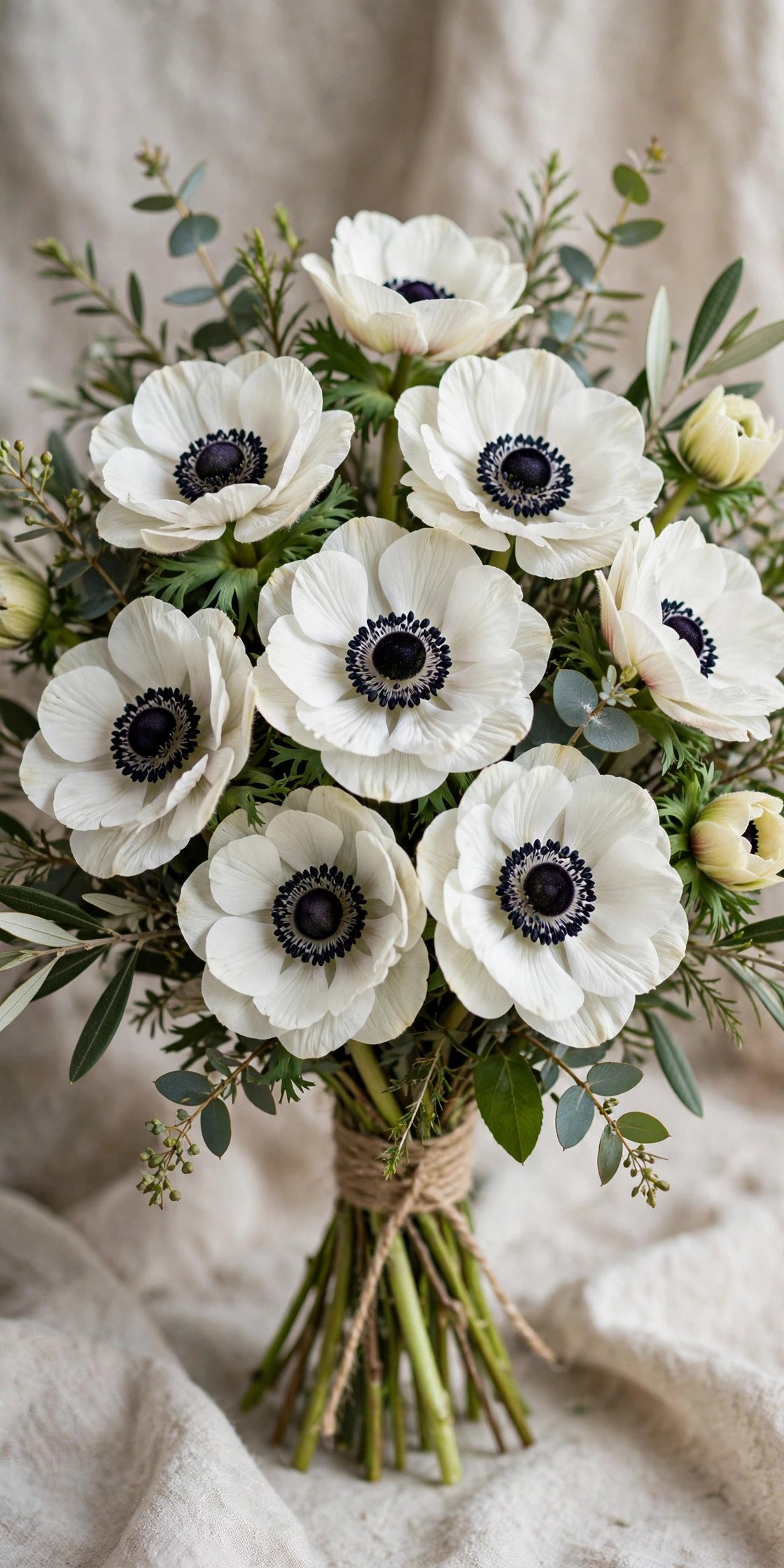 White anemones with dark centers for bouquet