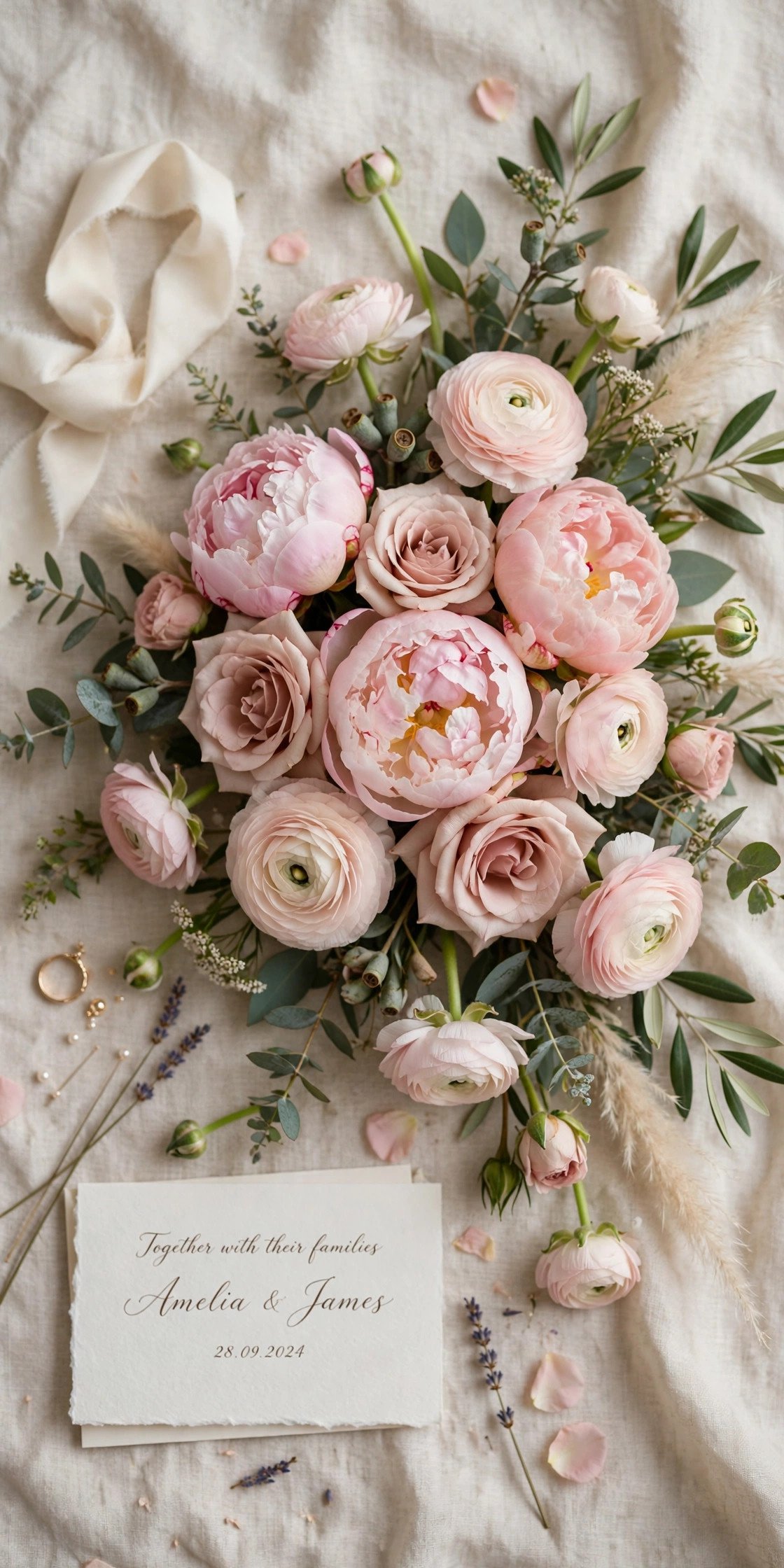 Bridal bouquet flowers flat lay with roses peonies and ranunculus
