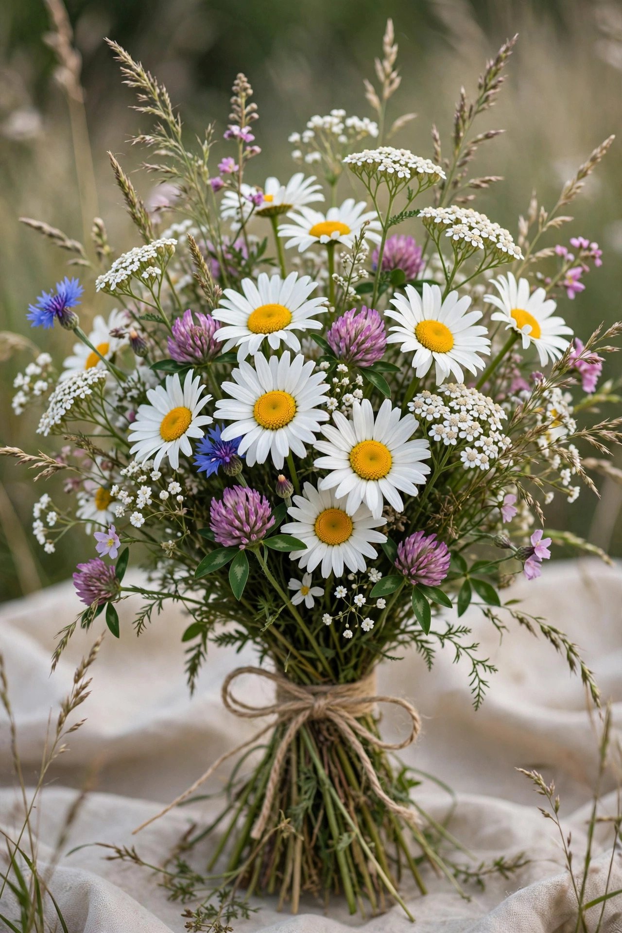 Wildflower bouquet of white daisies and meadow flowers