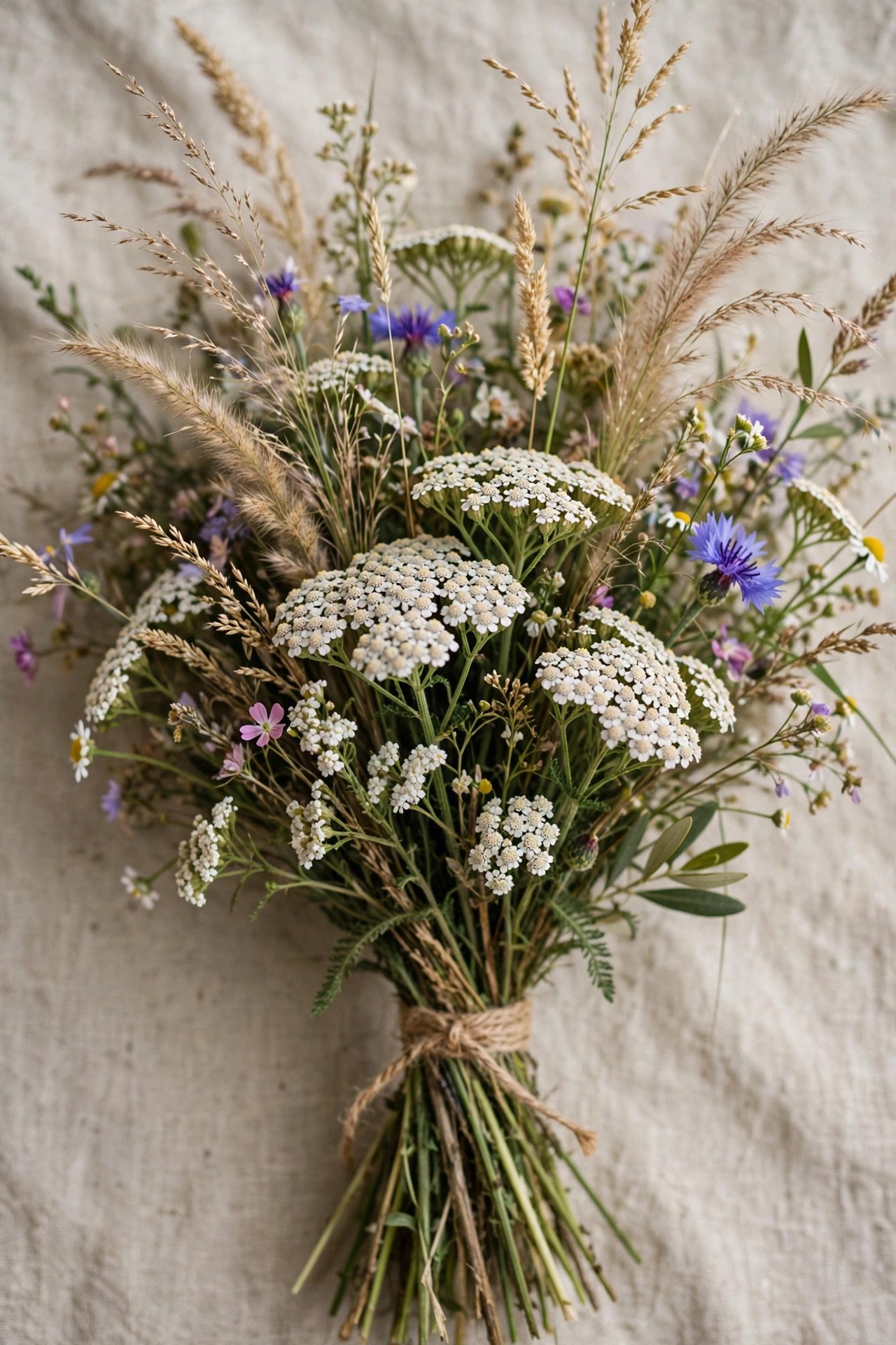 Wildflower bouquet with yarrow and ornamental grasses
