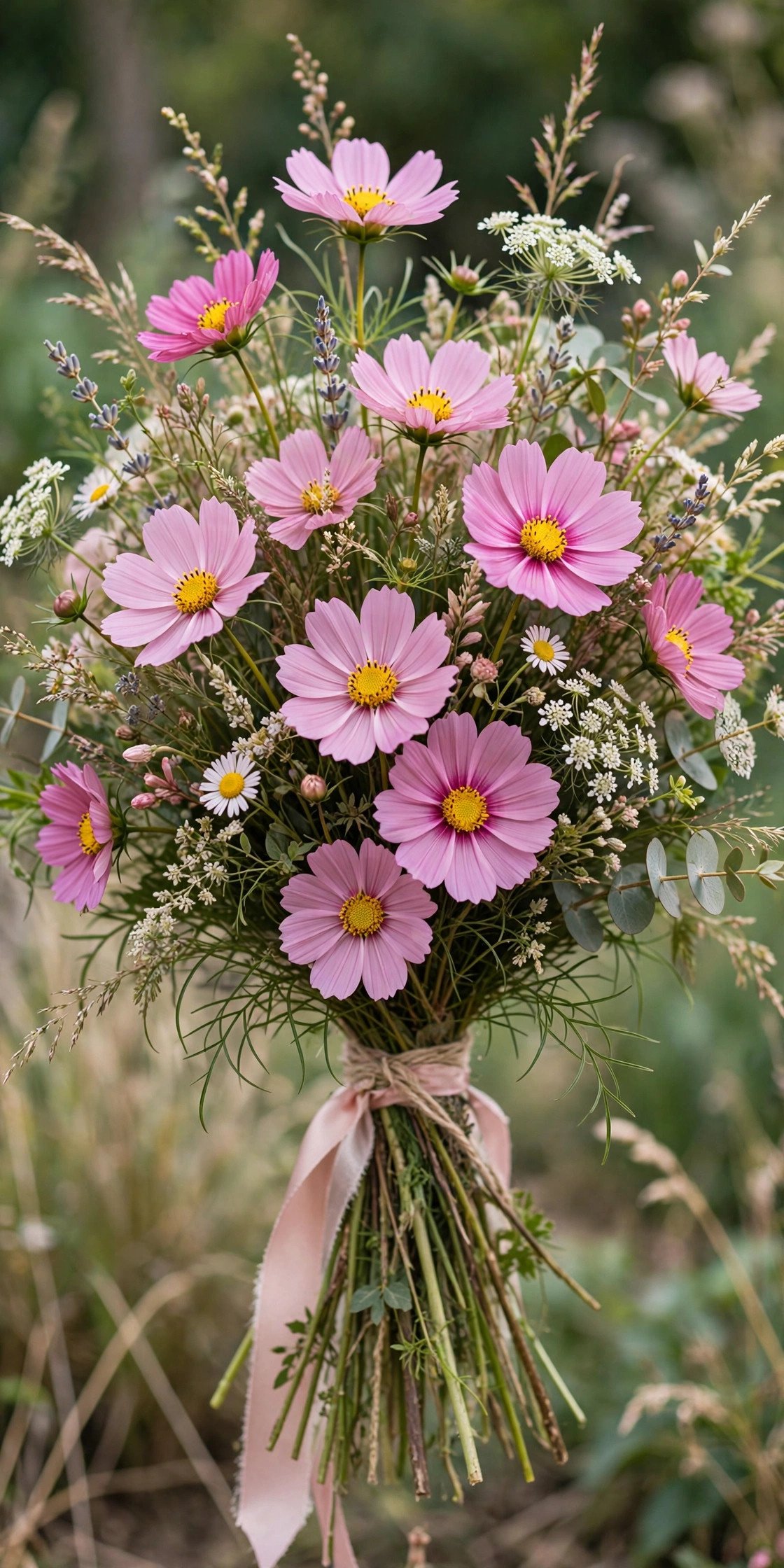 Pink cosmos wildflower wedding bouquet