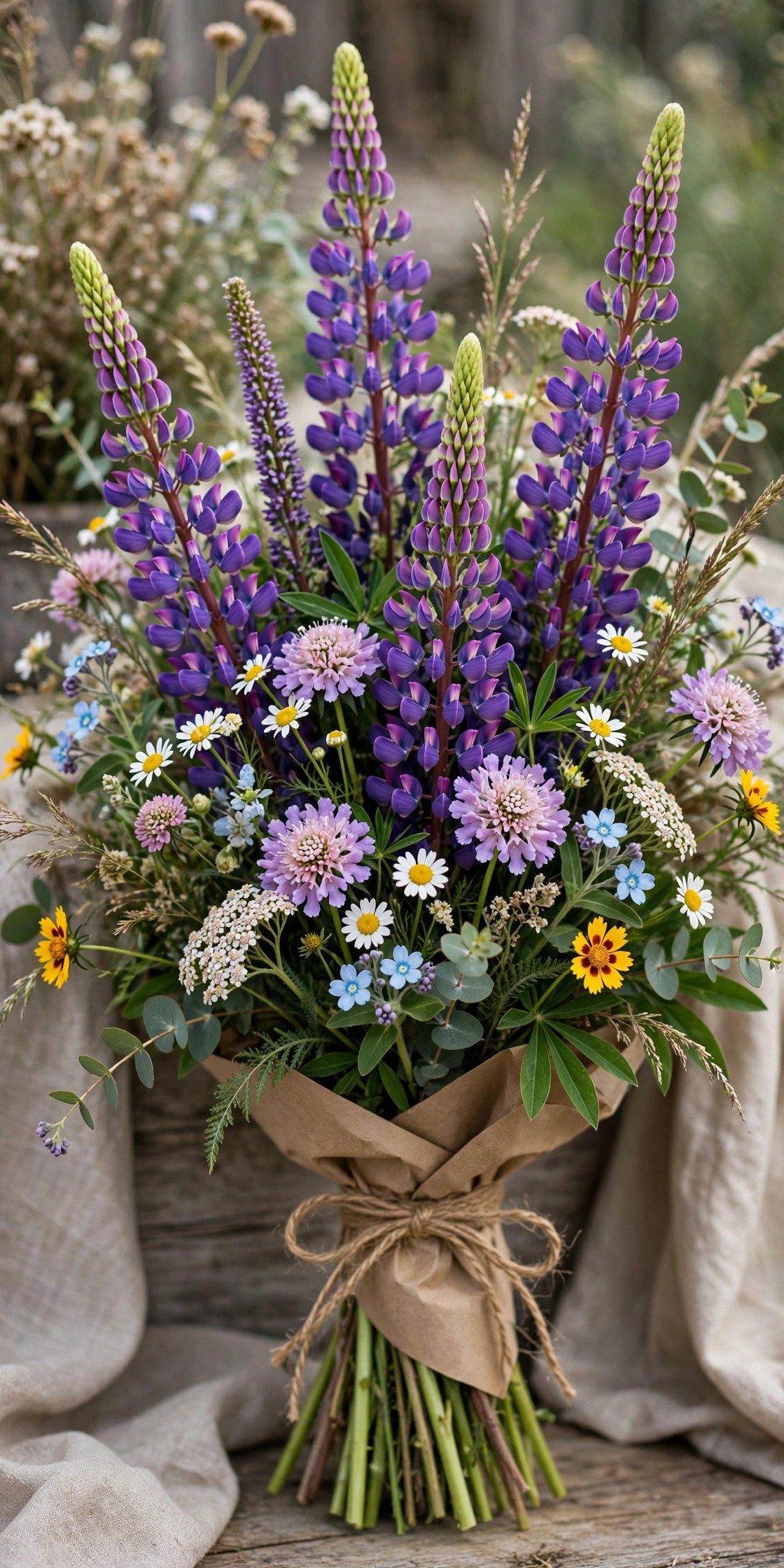 Wildflower bouquet with purple lupine spires