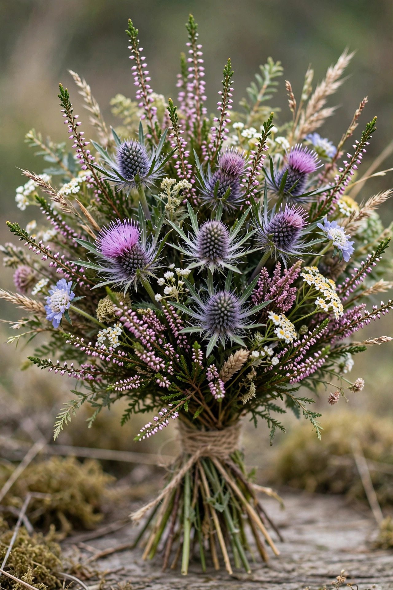 Wildflower bouquet with thistles and heather