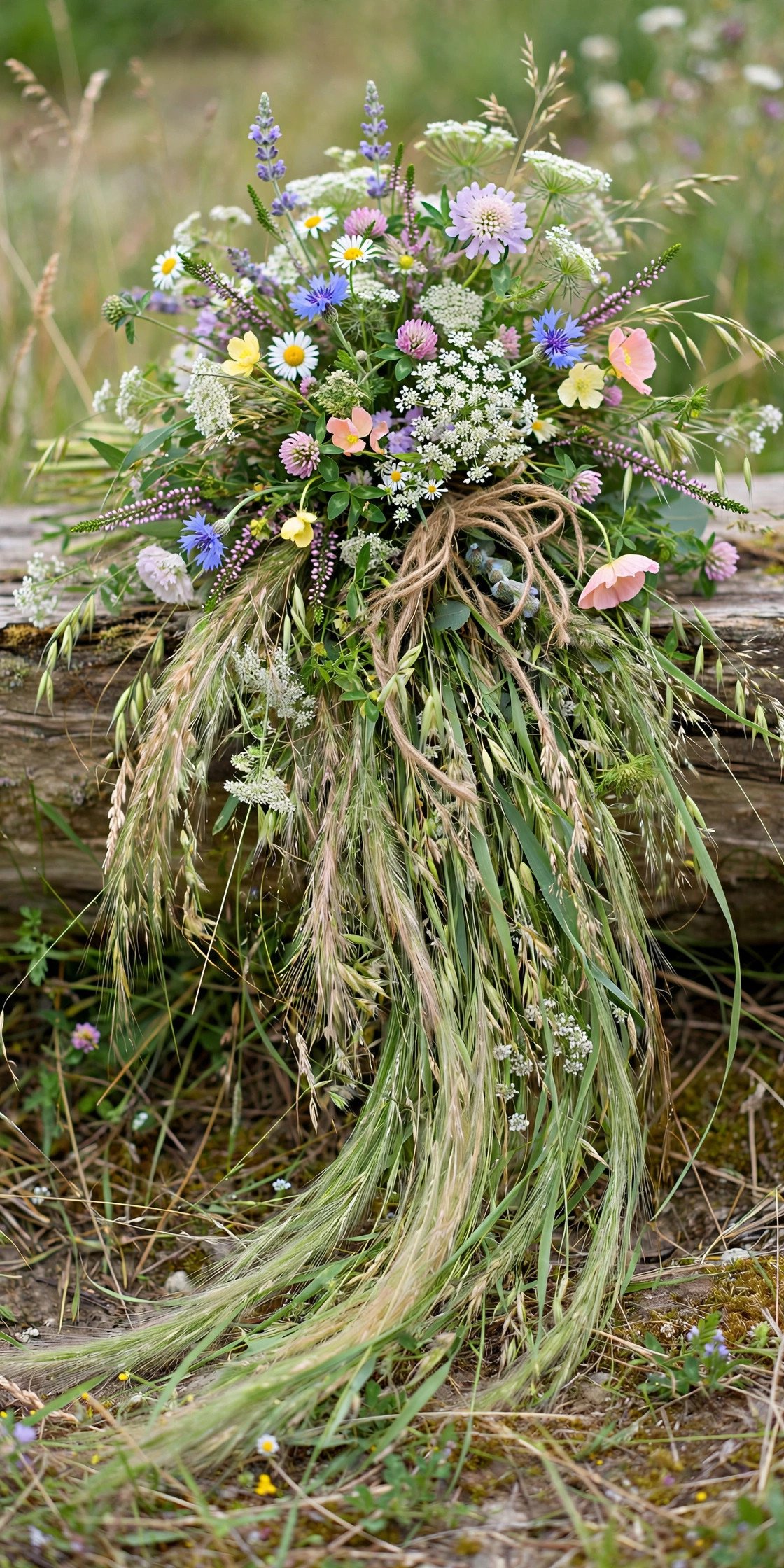 Wildflower bouquet with cascading meadow grasses