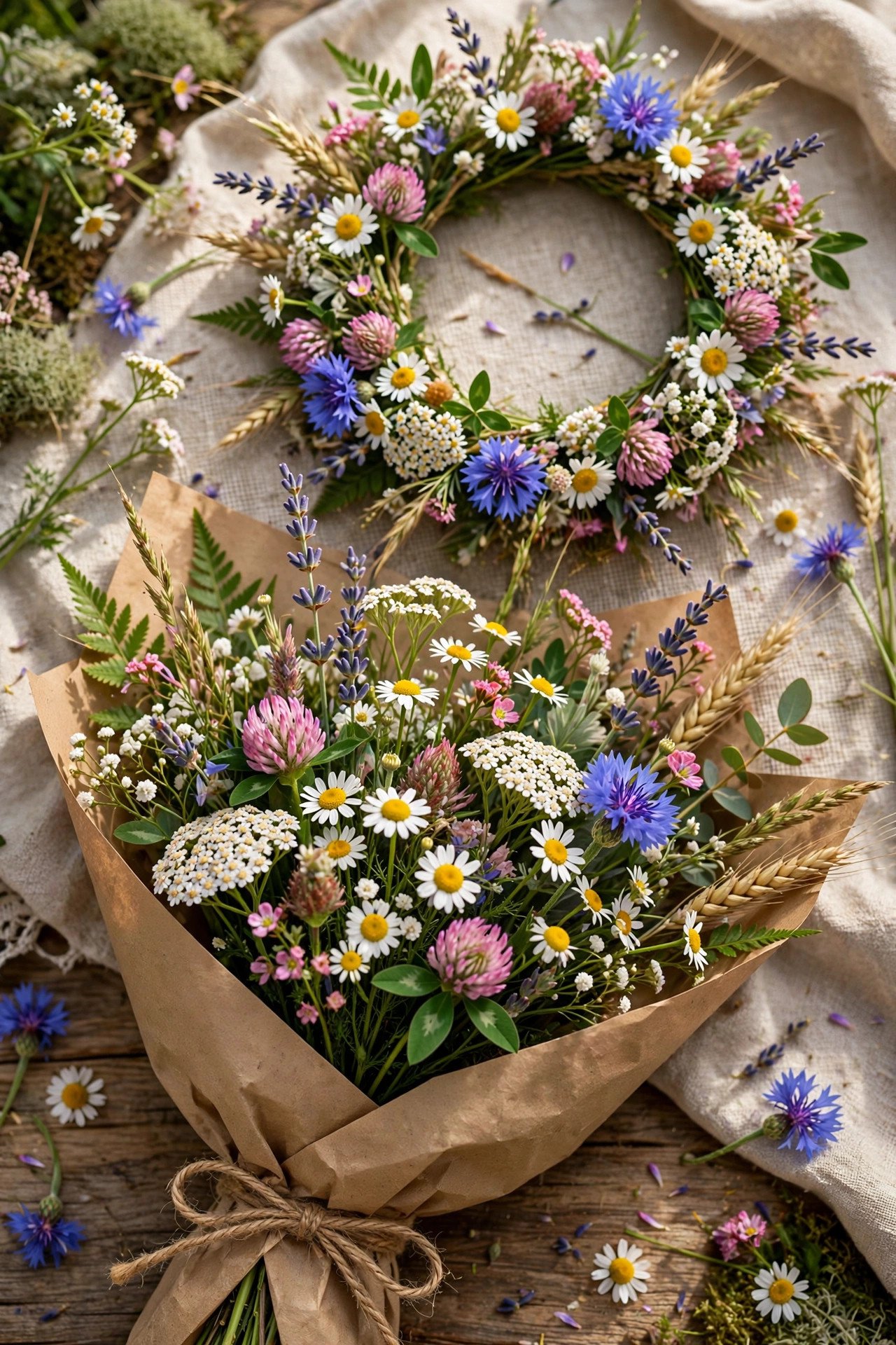 Wildflower bouquet with matching flower crown
