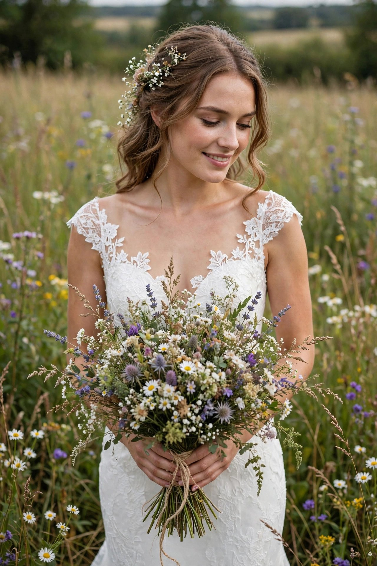 Bride holding a loose wildflower wedding bouquet in a meadow